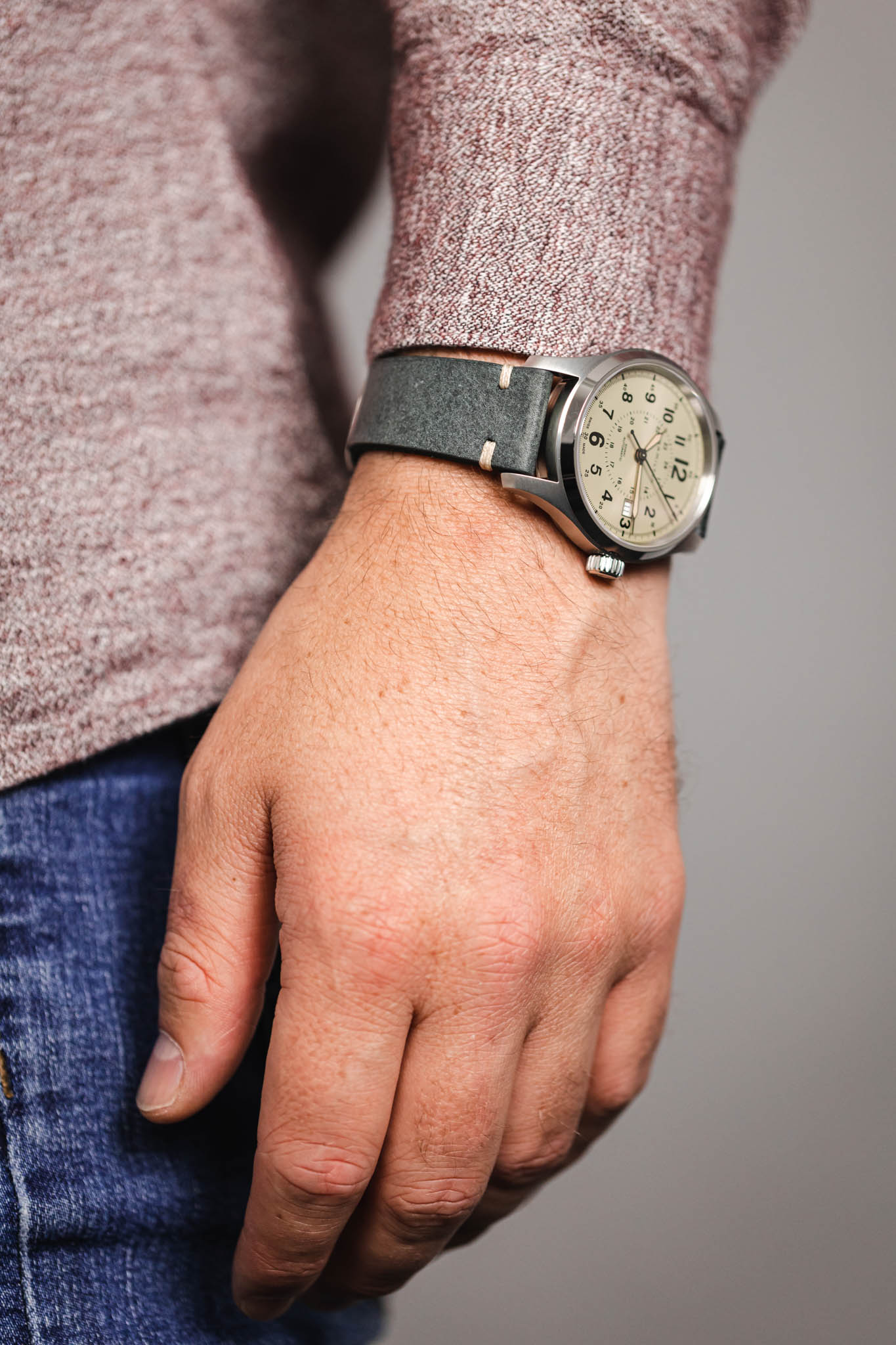 RIOS1931 BEDFORD Genuine Vintage Leather Watch Strap in STONE GREY - Image 6