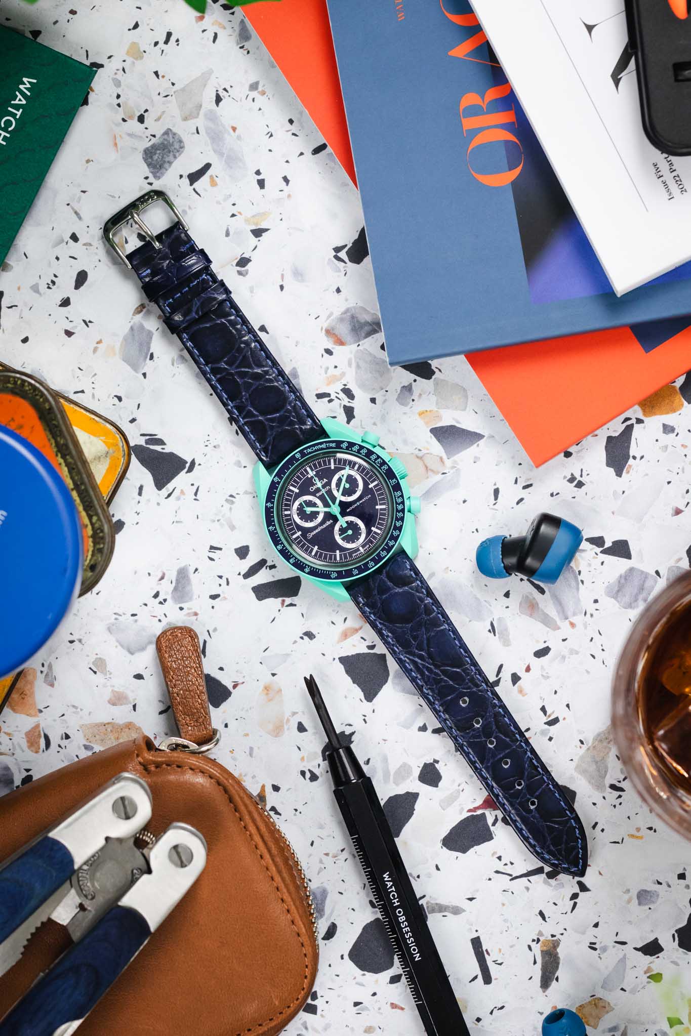 RIOS1931 BRAZIL Crocodile-Embossed Leather Watch Strap in OCEAN BLUE - Image 9