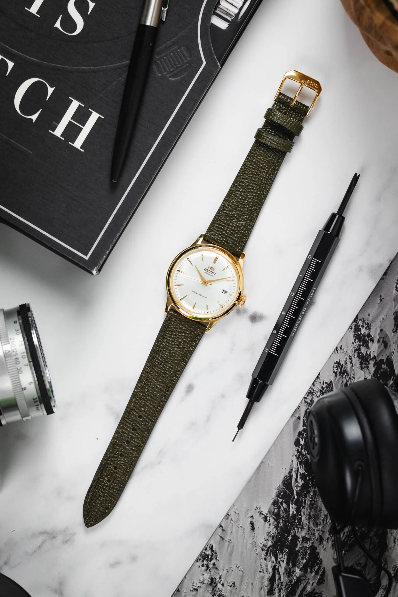 RIOS1931 FRENCH Leather Watch Strap in OLIVE DRAB - Image 9