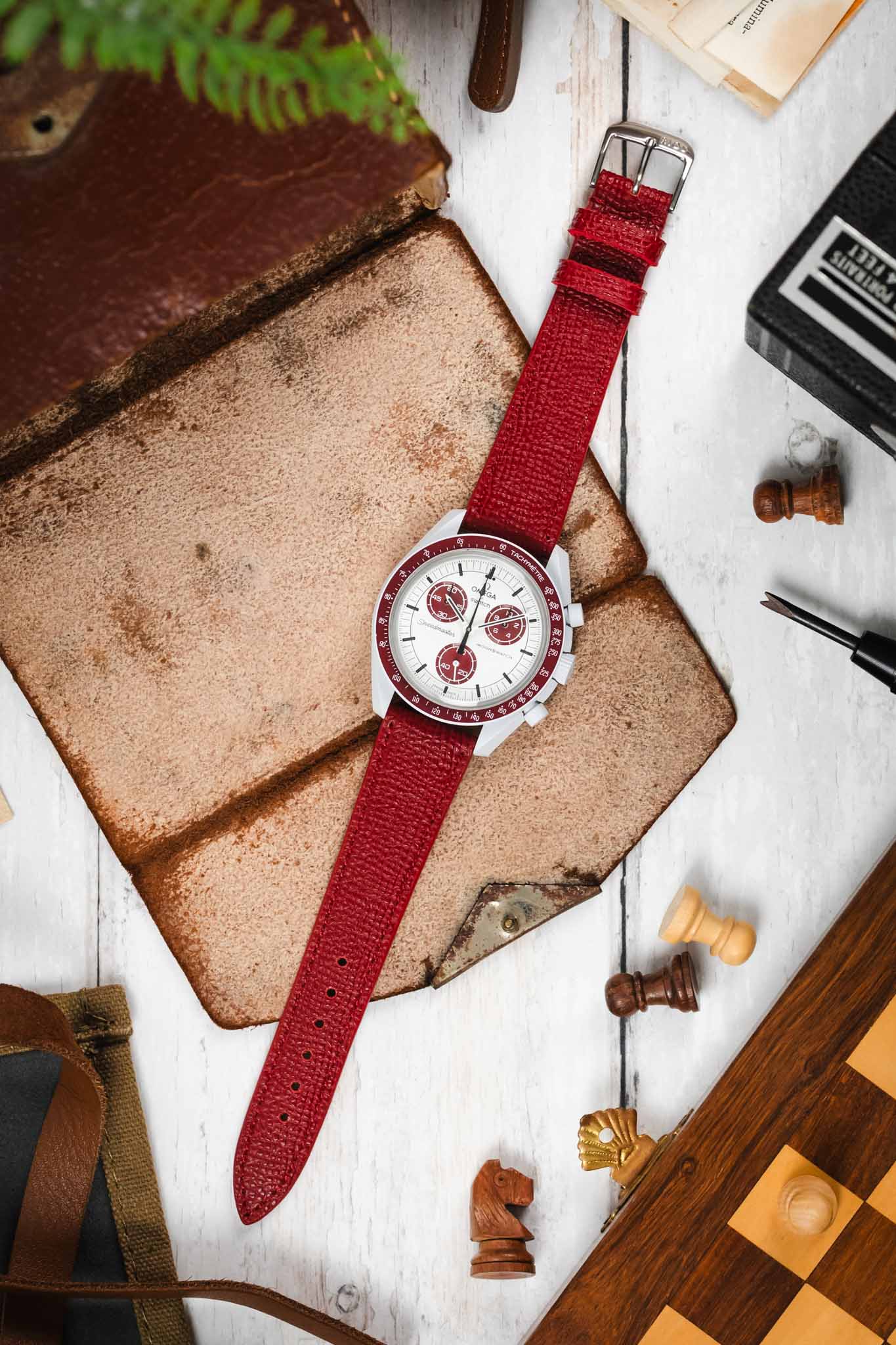 RIOS1931 FRENCH Leather Watch Strap in RUBY - Image 9