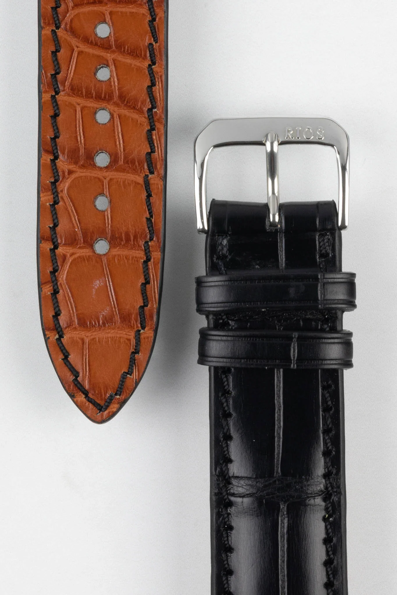 RIOS1931 MONARCH Genuine Alligator Round-Padding Watch Strap in BLACK - Image 3