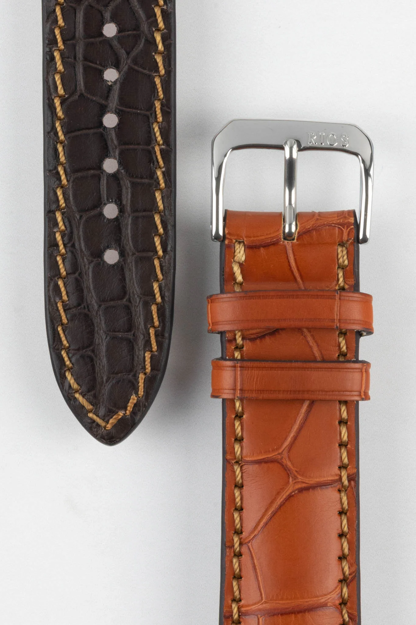 RIOS1931 MONARCH Genuine Alligator Round-Padding Watch Strap in COGNAC - Image 3
