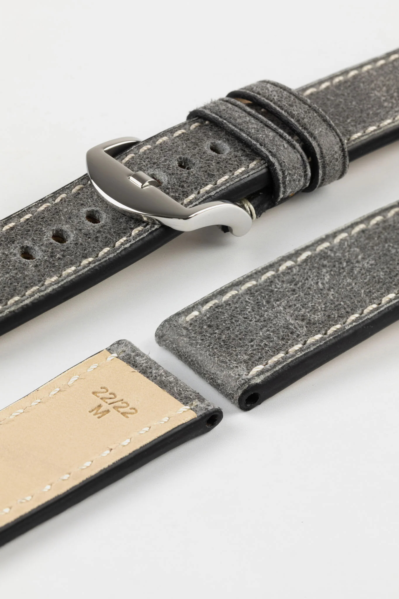 RIOS1931 OXFORD Flat-Padded Vintage Leather Watch Strap in STONE GREY - Image 10