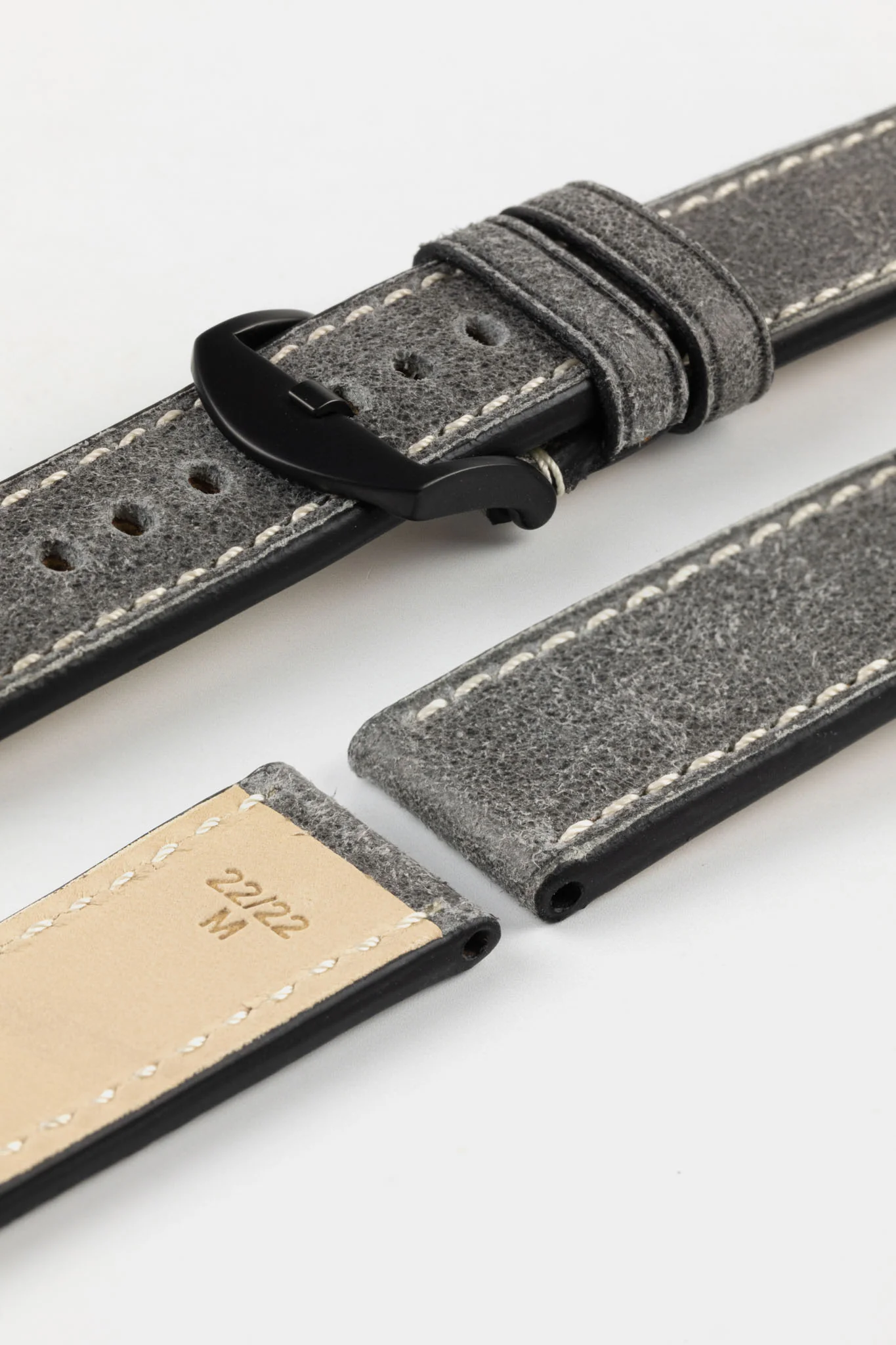 RIOS1931 OXFORD Flat-Padded Vintage Leather Watch Strap in STONE GREY - Image 12