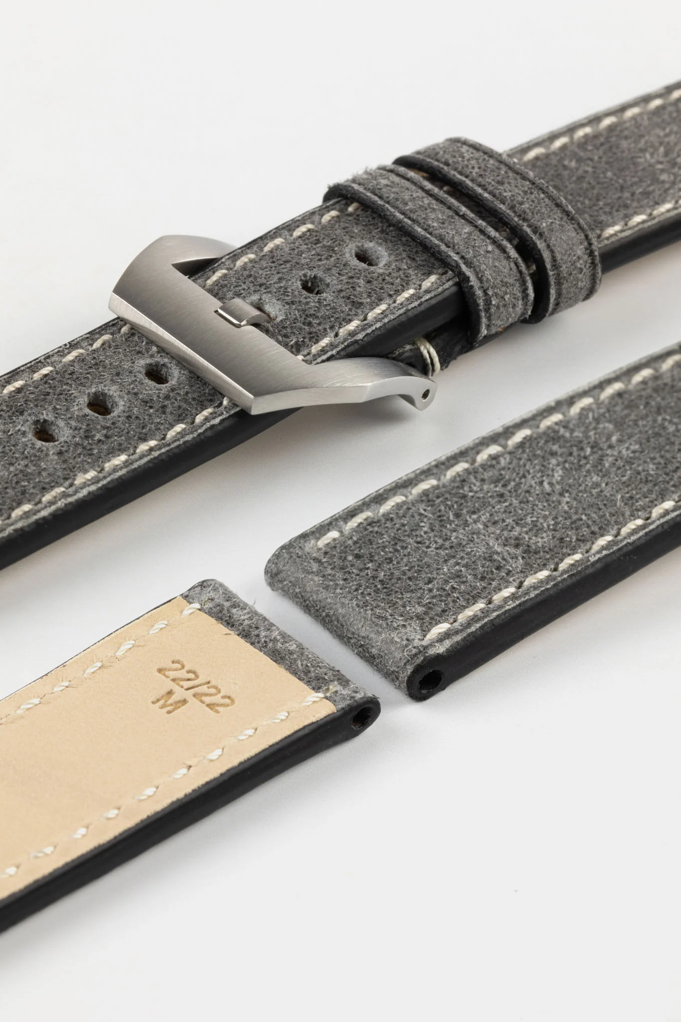 RIOS1931 OXFORD Flat-Padded Vintage Leather Watch Strap in STONE GREY - Image 13