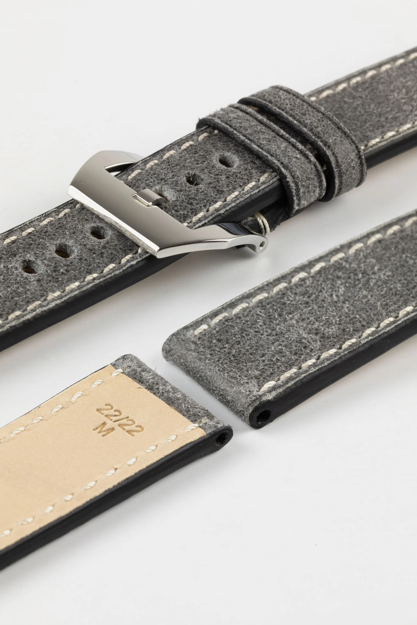 RIOS1931 OXFORD Flat-Padded Vintage Leather Watch Strap in STONE GREY - Image 14