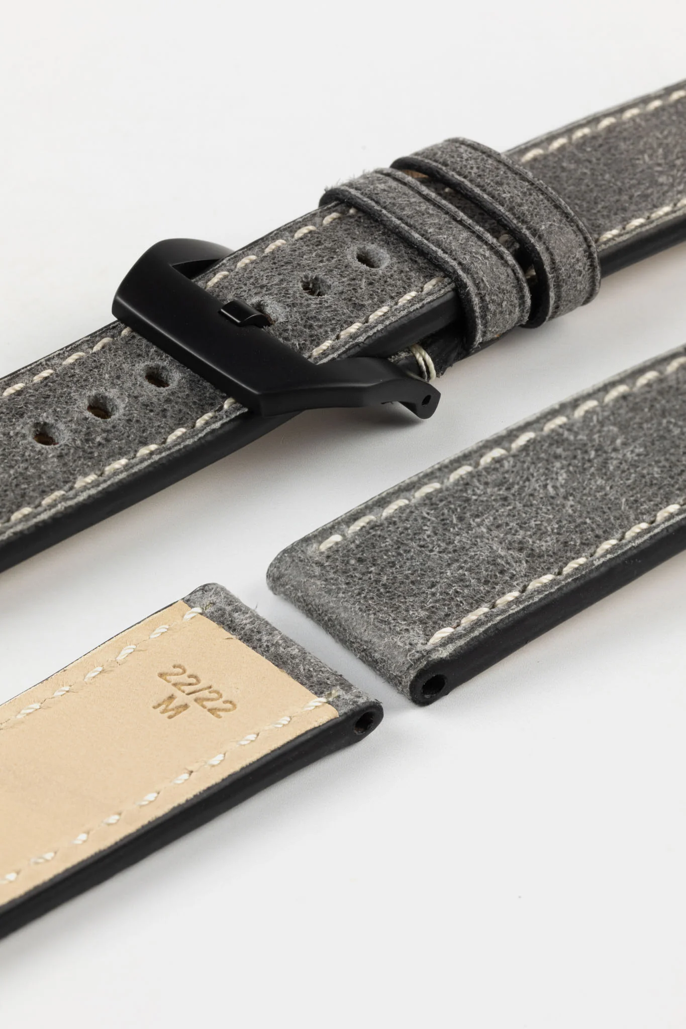 RIOS1931 OXFORD Flat-Padded Vintage Leather Watch Strap in STONE GREY - Image 15