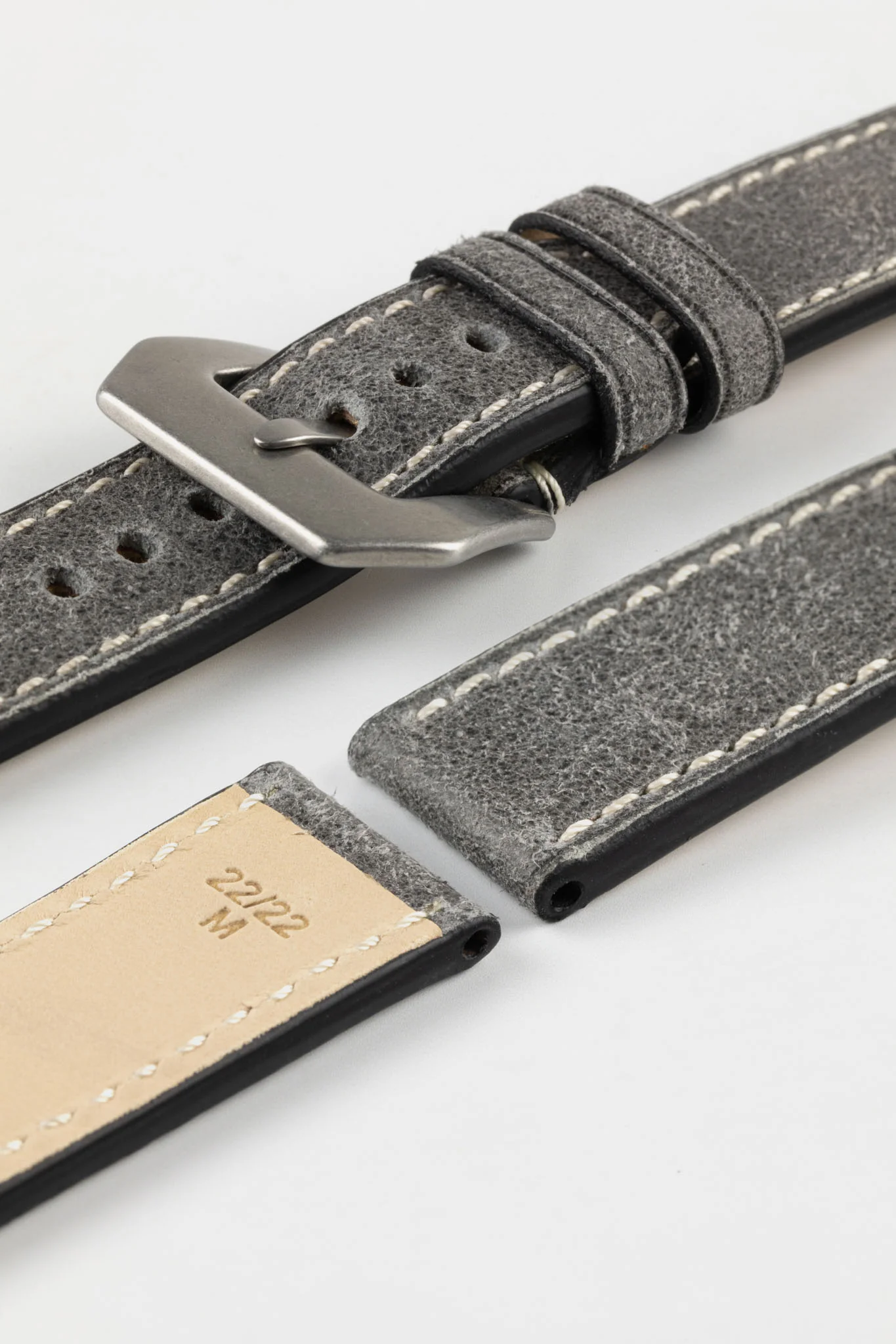 RIOS1931 OXFORD Flat-Padded Vintage Leather Watch Strap in STONE GREY - Image 16