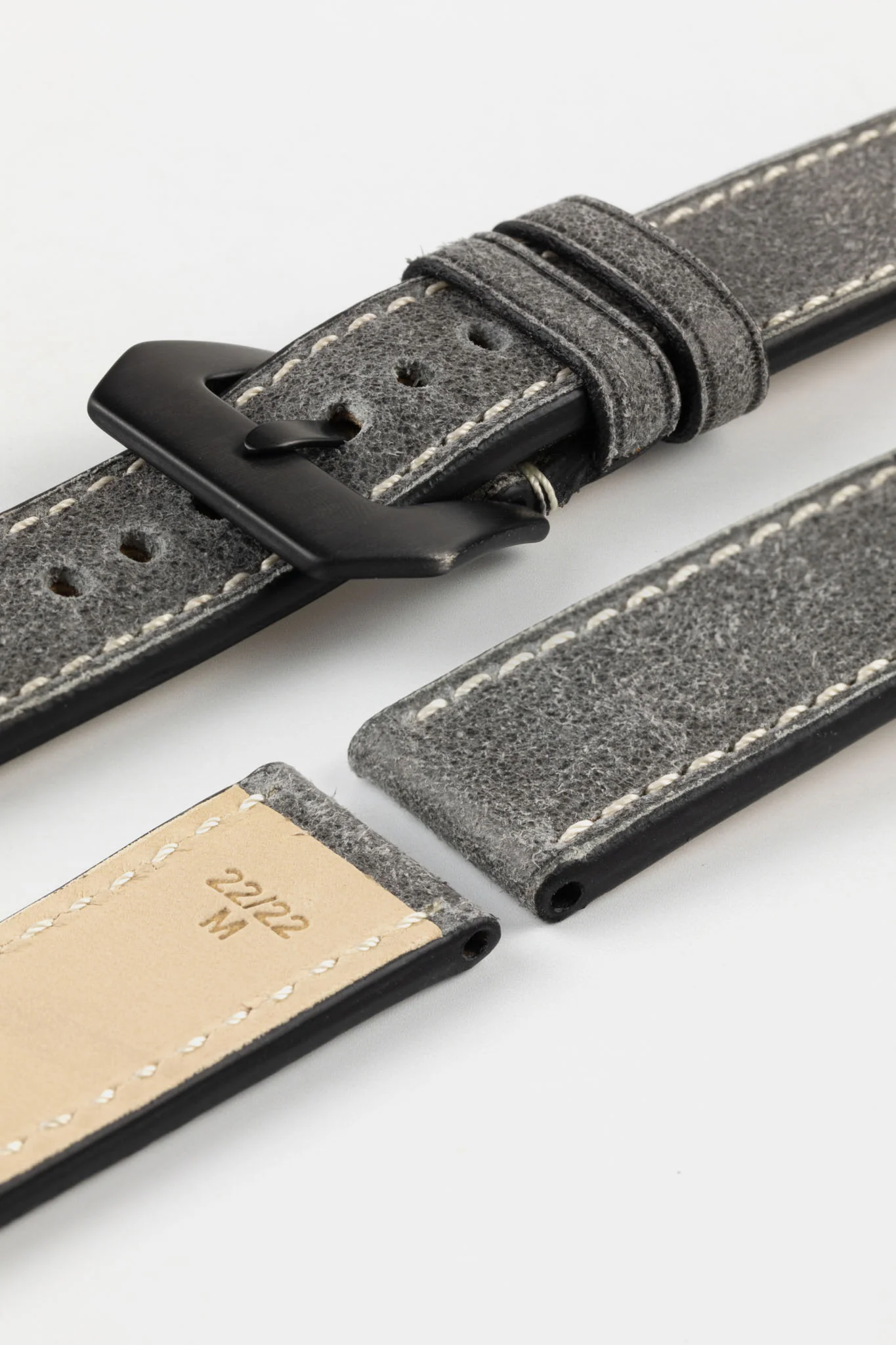 RIOS1931 OXFORD Flat-Padded Vintage Leather Watch Strap in STONE GREY - Image 17