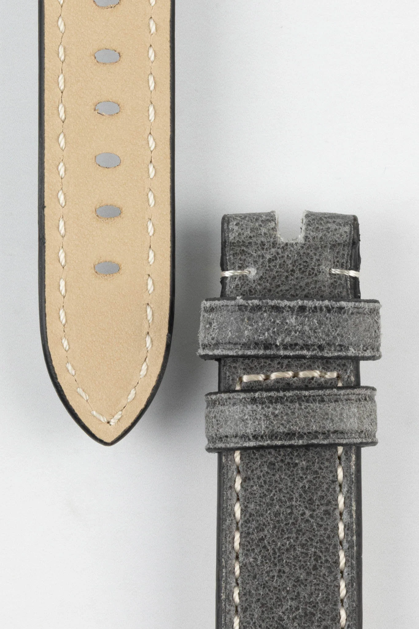 RIOS1931 OXFORD Flat-Padded Vintage Leather Watch Strap in STONE GREY - Image 3