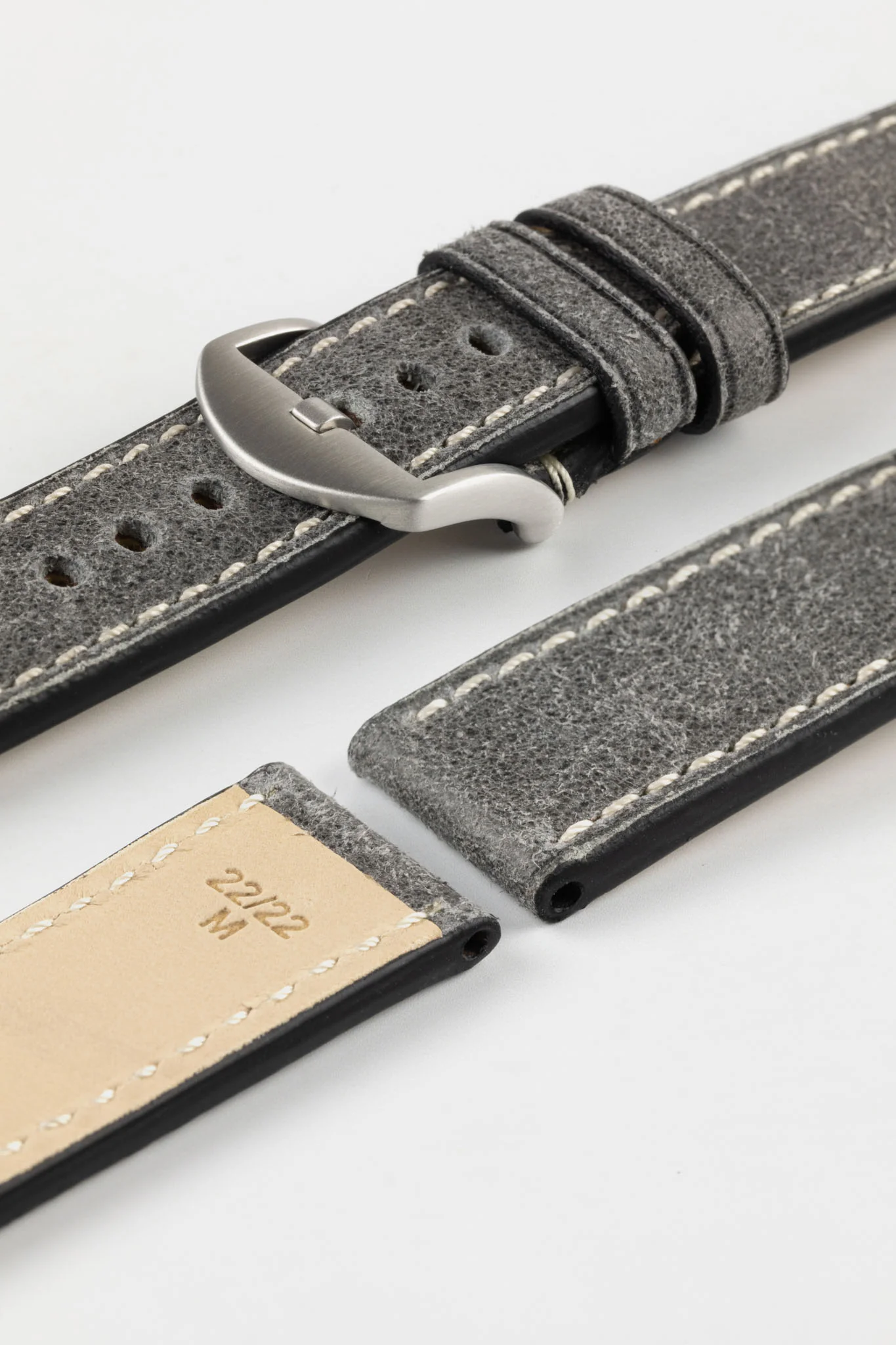 RIOS1931 OXFORD Flat-Padded Vintage Leather Watch Strap in STONE GREY - Image 9