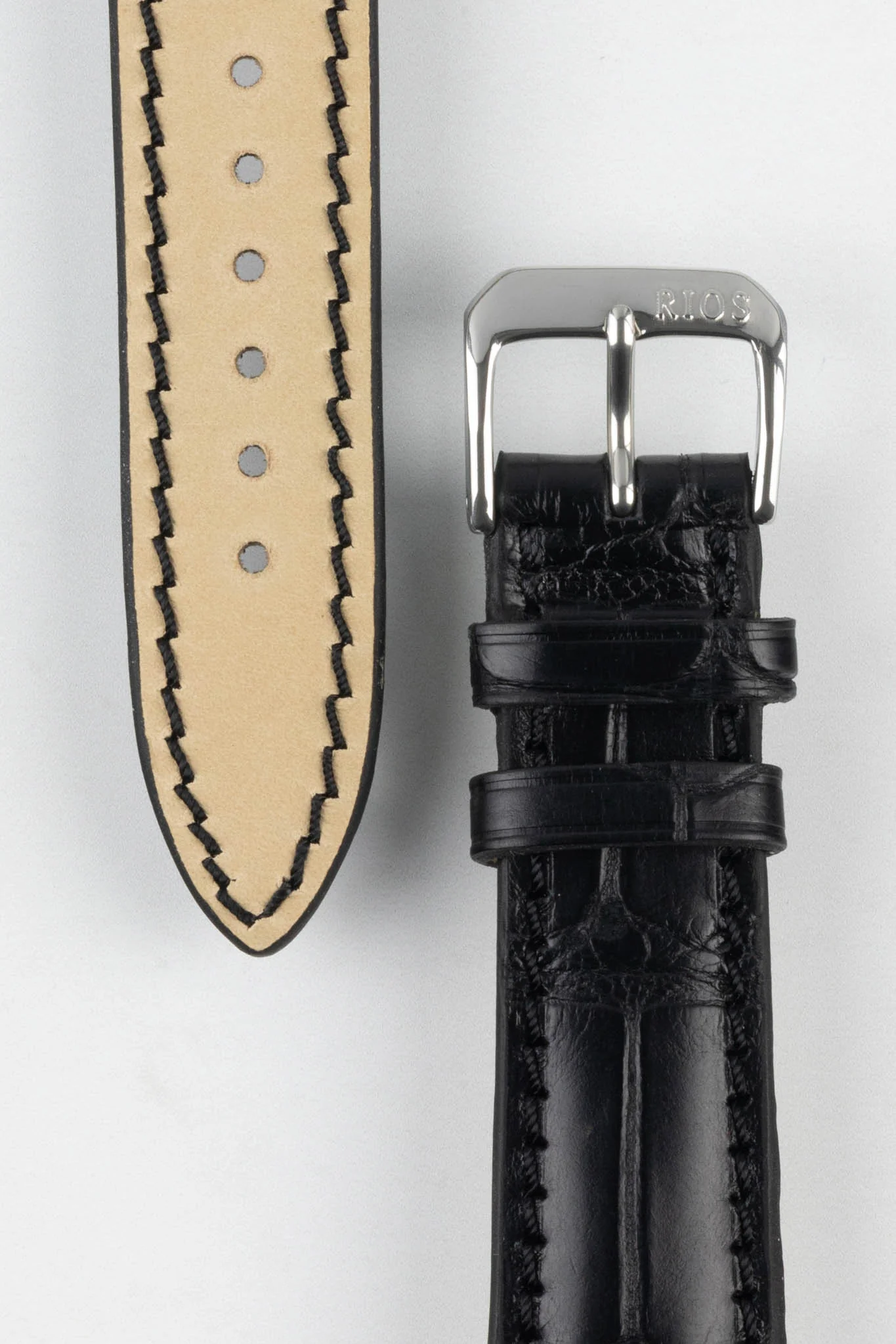 RIOS1931 PRESIDENT Genuine Alligator Round-Padding Watch Strap in BLACK - Image 3