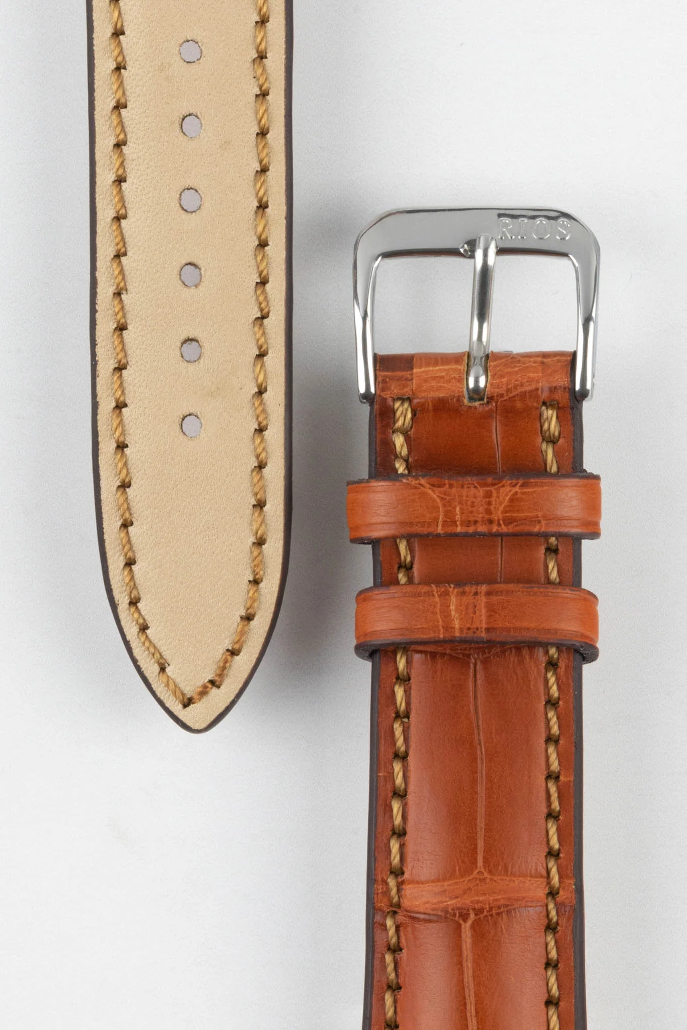 RIOS1931 PRESIDENT Genuine Alligator Round-Padding Watch Strap in COGNAC - Image 3
