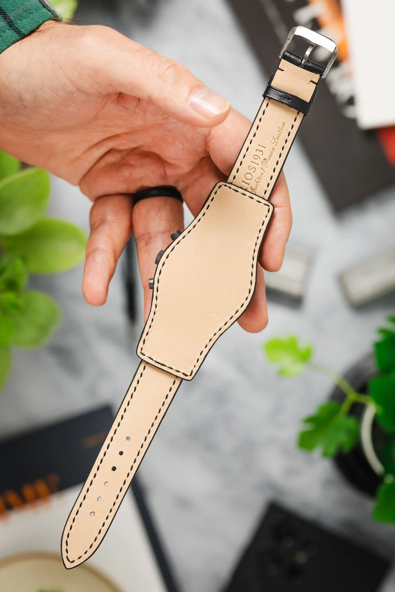 RIOS1931 TULA Genuine Russia Leather Bund Watch Strap in BLACK - Image 6