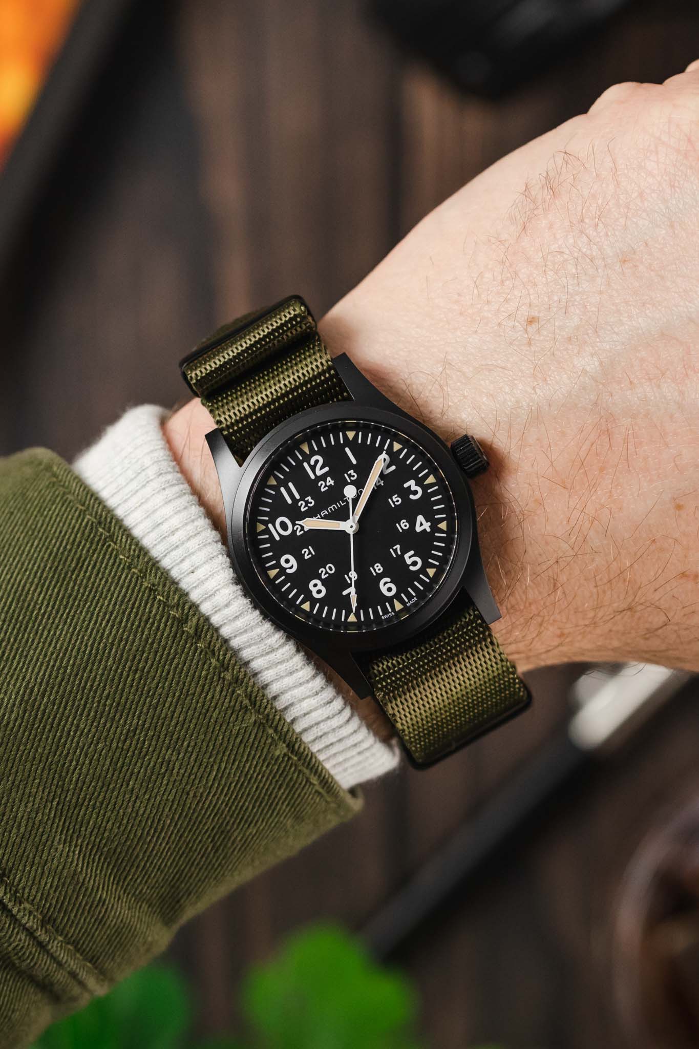 Seatbelt Nylon Watch Strap in ARMY GREEN with BLACK PVD Hardware - Image 2
