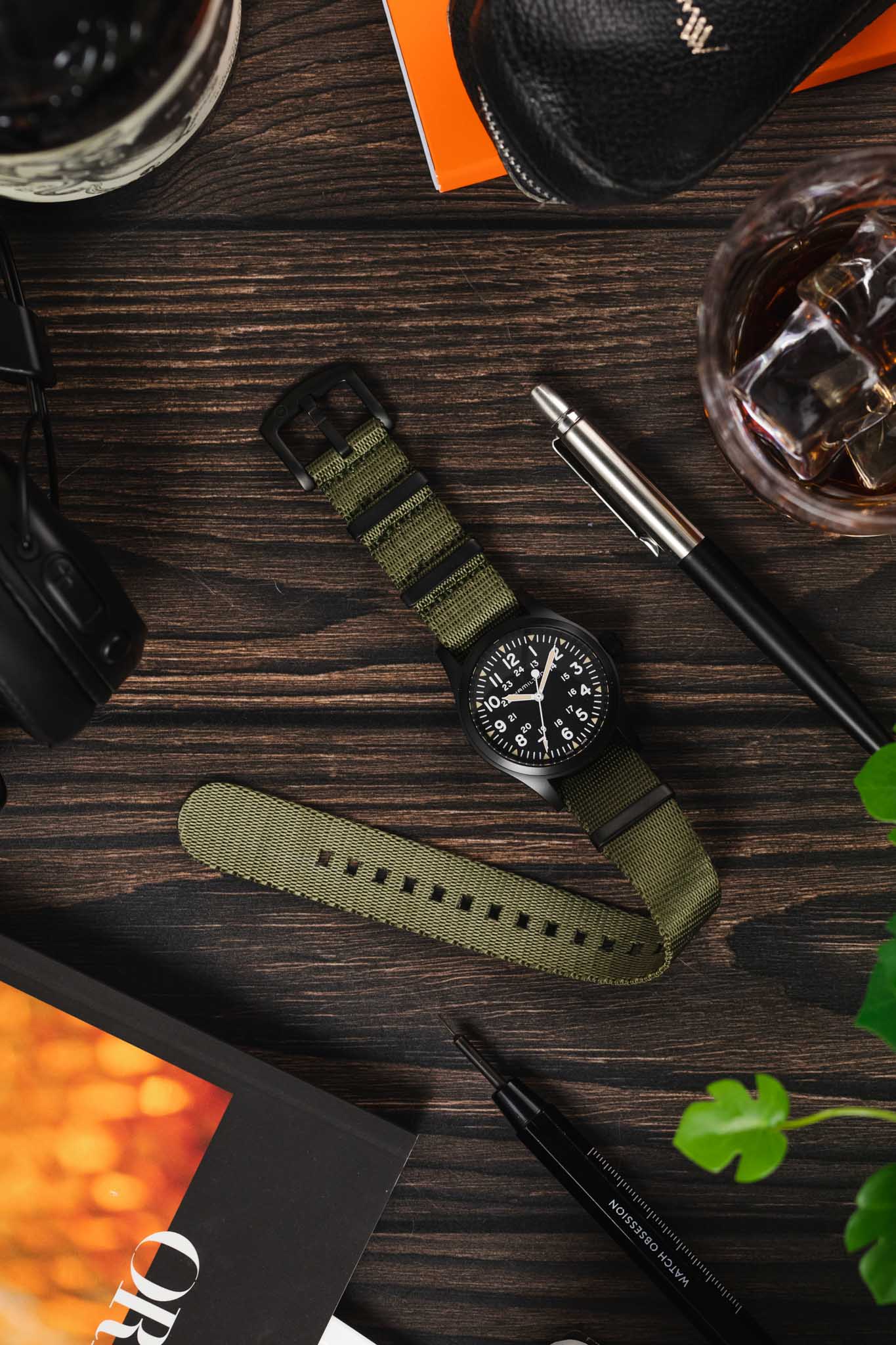 Seatbelt Nylon Watch Strap in ARMY GREEN with BLACK PVD Hardware - Image 6