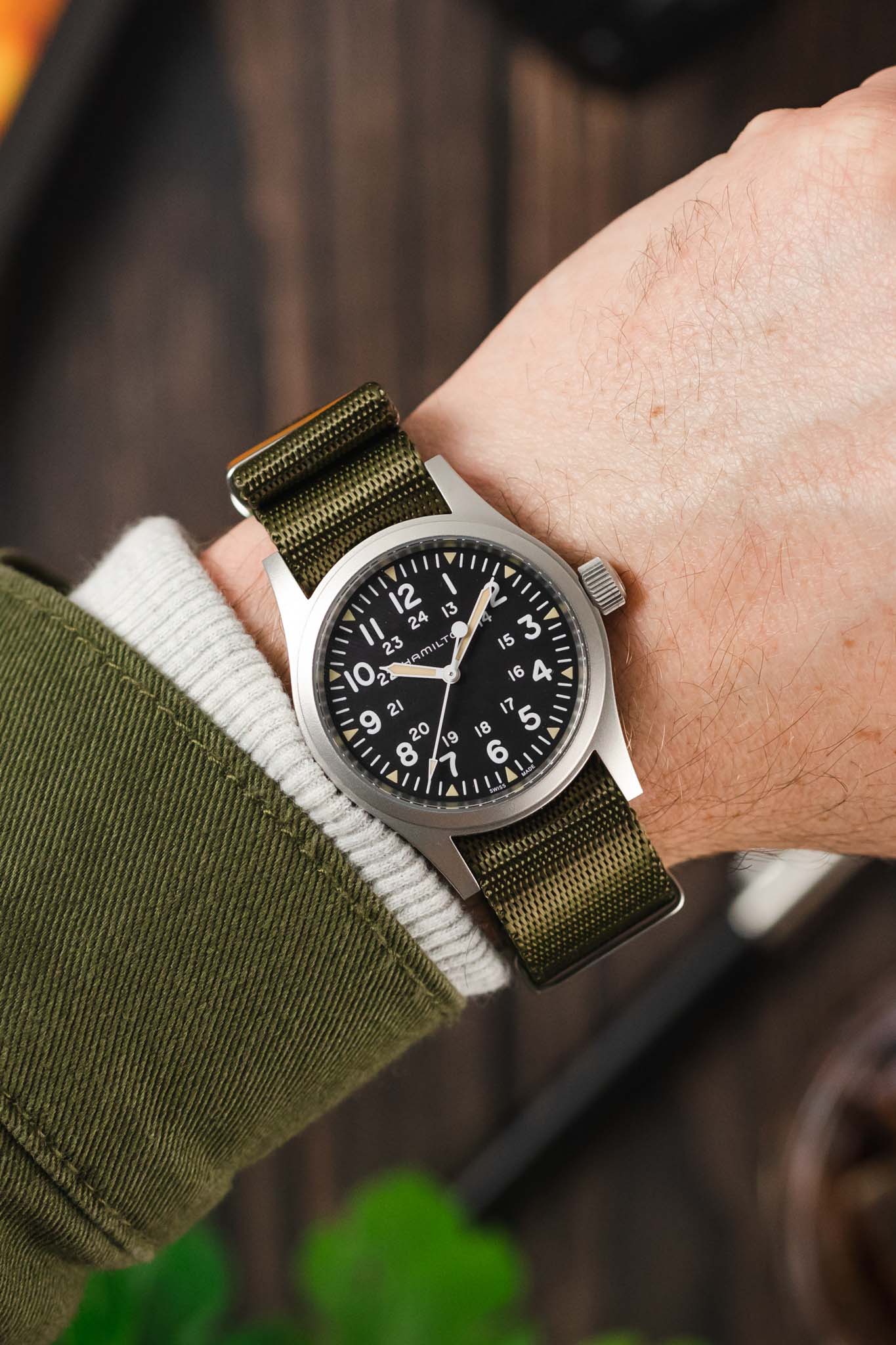 Seatbelt Nylon Watch Strap in ARMY GREEN with BRUSHED STEEL Hardware - Image 2