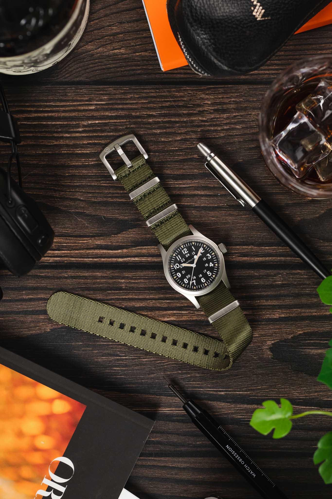 Seatbelt Nylon Watch Strap in ARMY GREEN with BRUSHED STEEL Hardware - Image 6