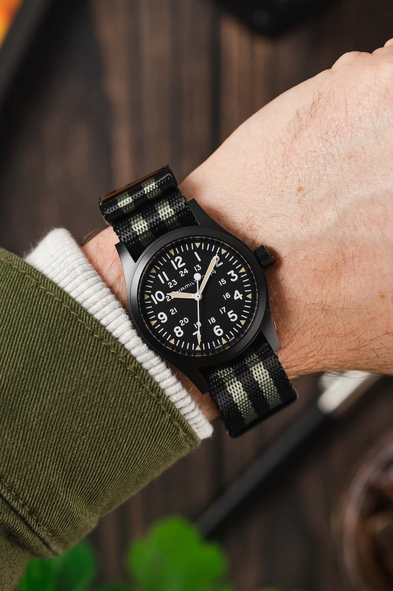 Seatbelt Nylon Watch Strap in BLACK & GREY Stripes with BLACK PVD Hardware - Image 2