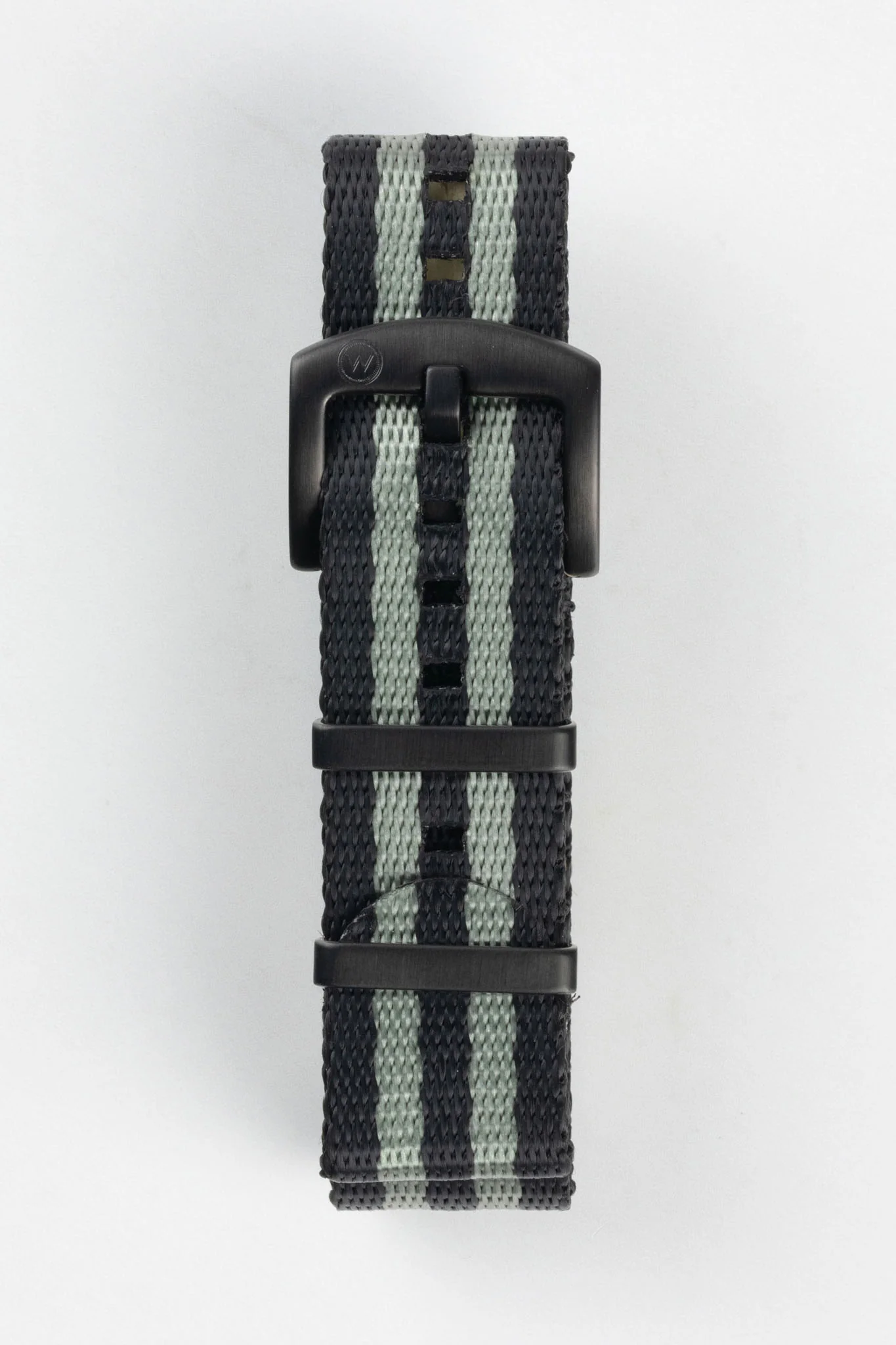 Seatbelt Nylon Watch Strap in BLACK & GREY Stripes with BLACK PVD Hardware - Image 3