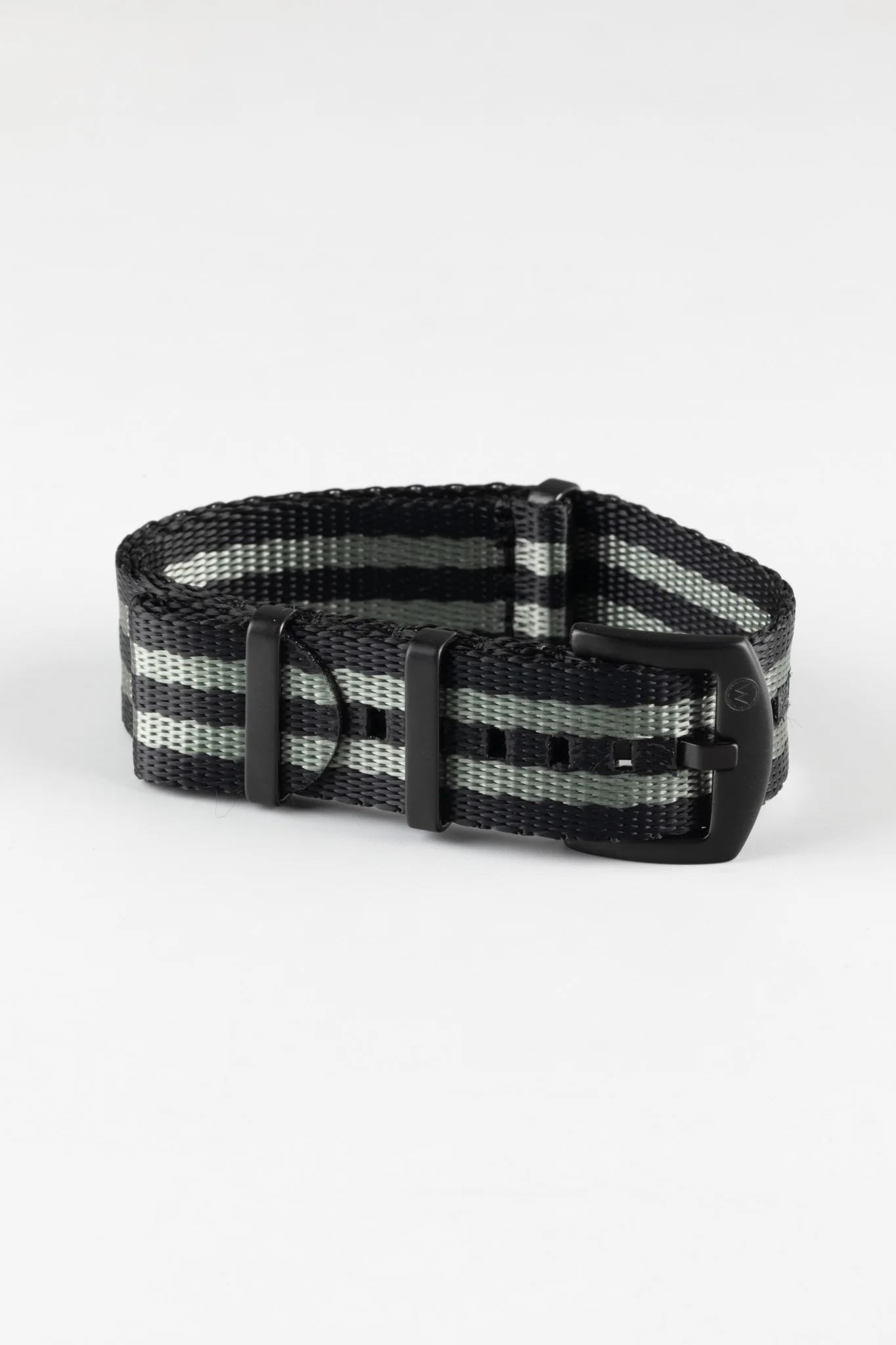 Seatbelt Nylon Watch Strap in BLACK & GREY Stripes with BLACK PVD Hardware - Image 5