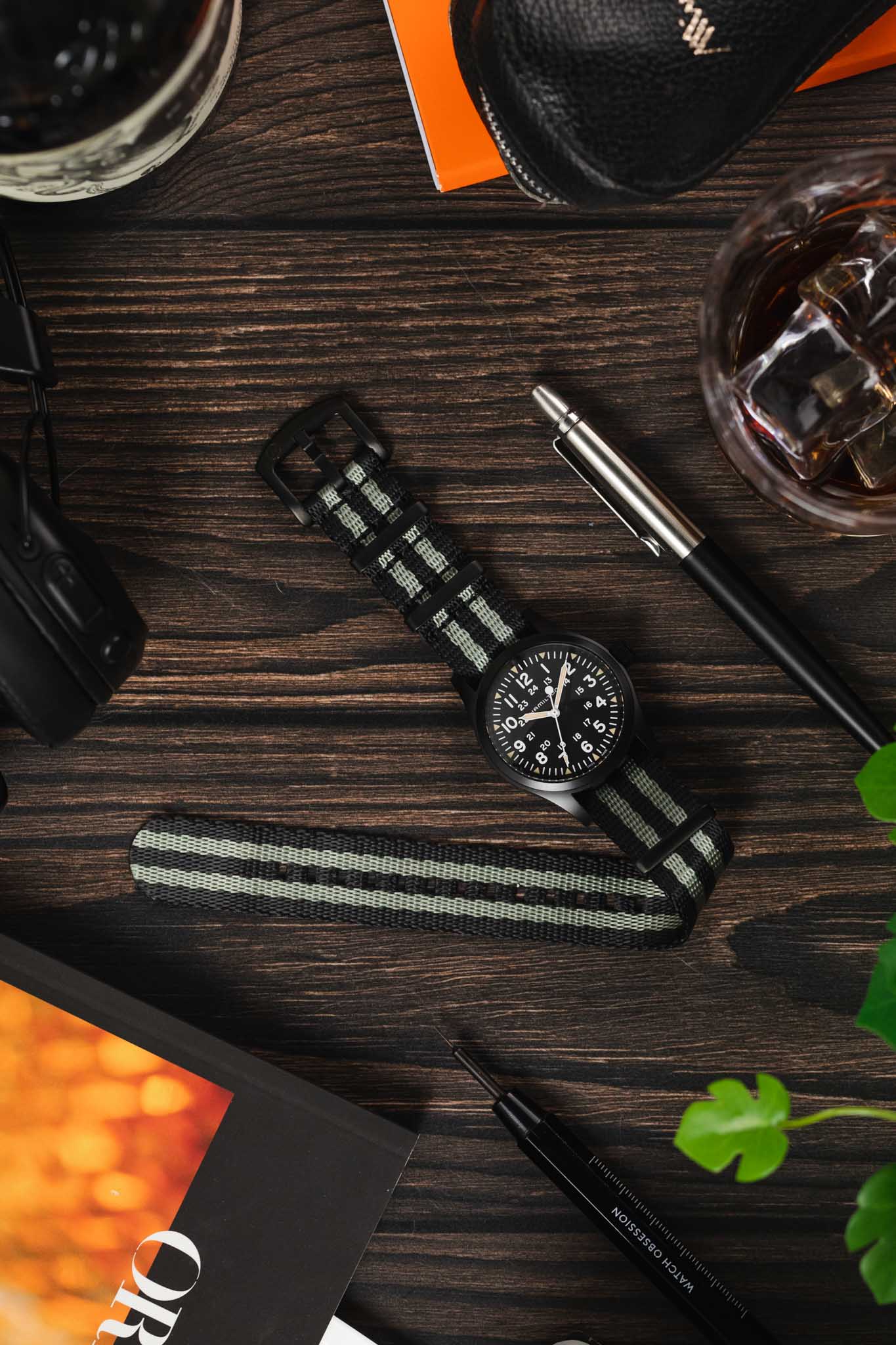 Seatbelt Nylon Watch Strap in BLACK & GREY Stripes with BLACK PVD Hardware - Image 6