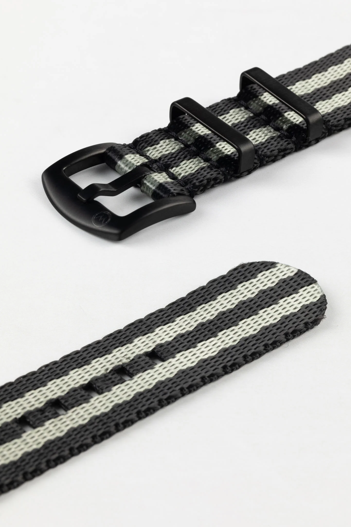 Seatbelt Nylon Watch Strap in BLACK & GREY Stripes with BLACK PVD Hardware - Image 7