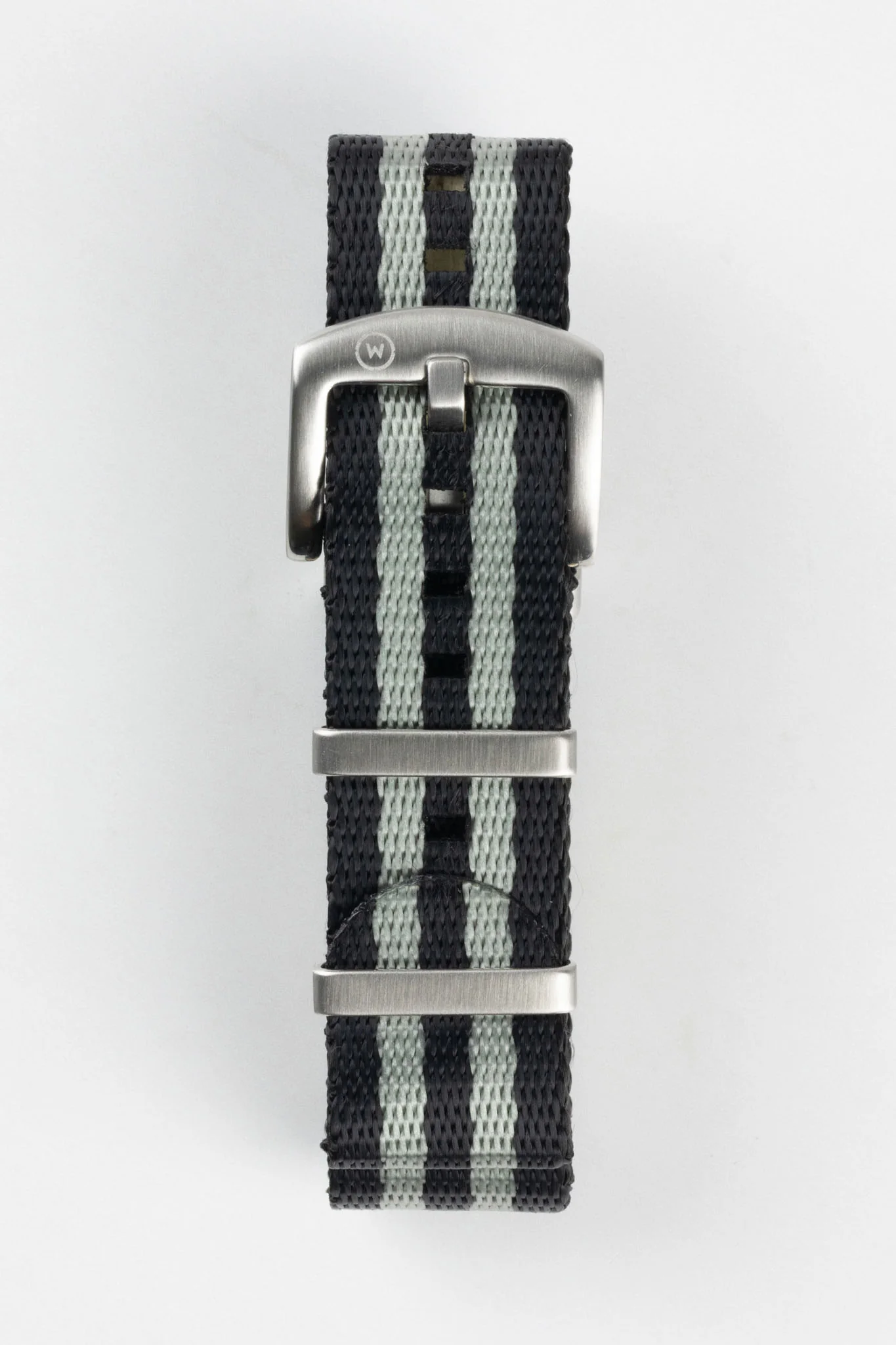 Seatbelt Nylon Watch Strap in BLACK & GREY Stripes with BRUSHED STEEL Hardware - Image 3