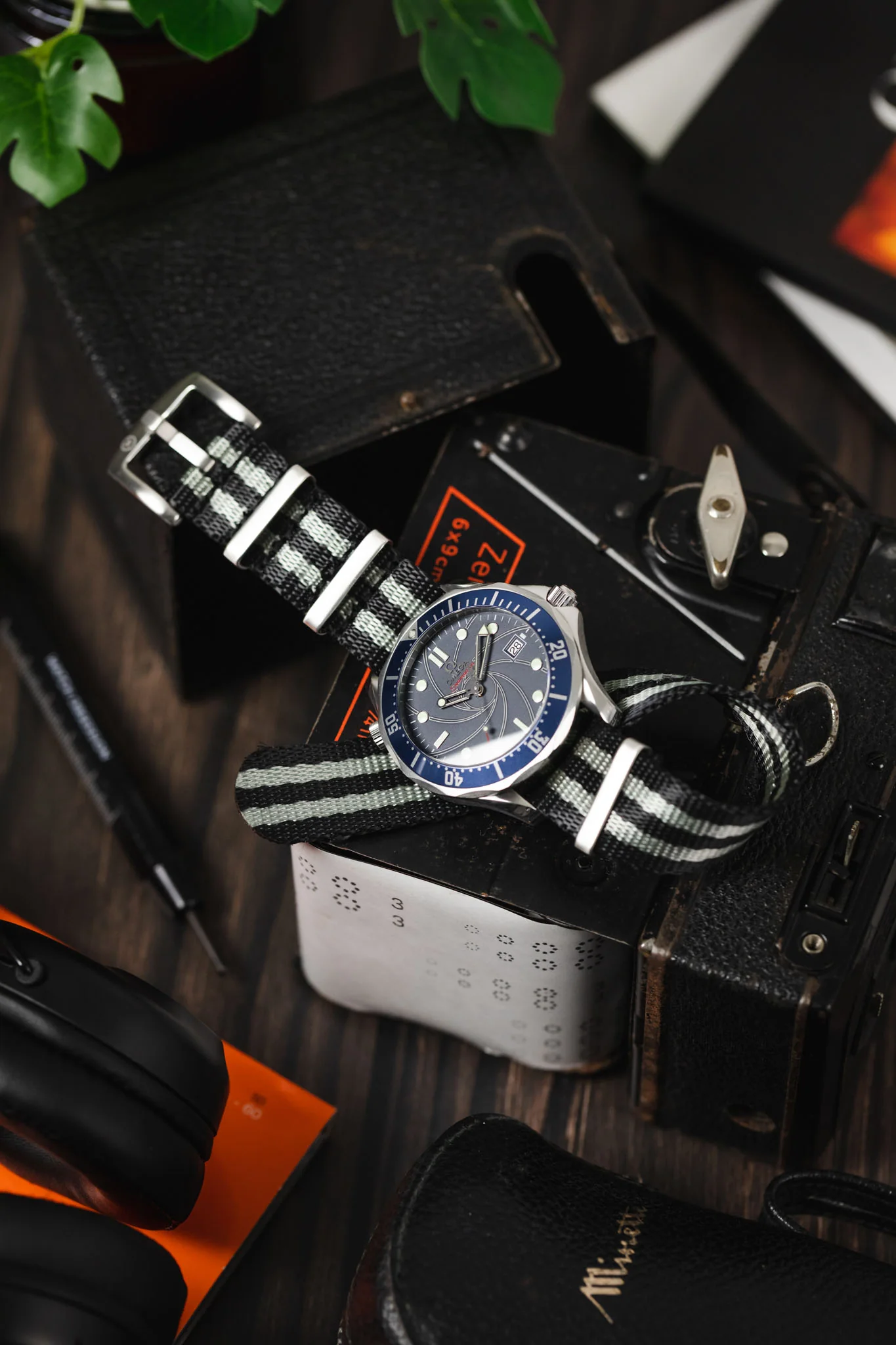 Seatbelt Nylon Watch Strap in BLACK & GREY Stripes with BRUSHED STEEL Hardware - Image 4