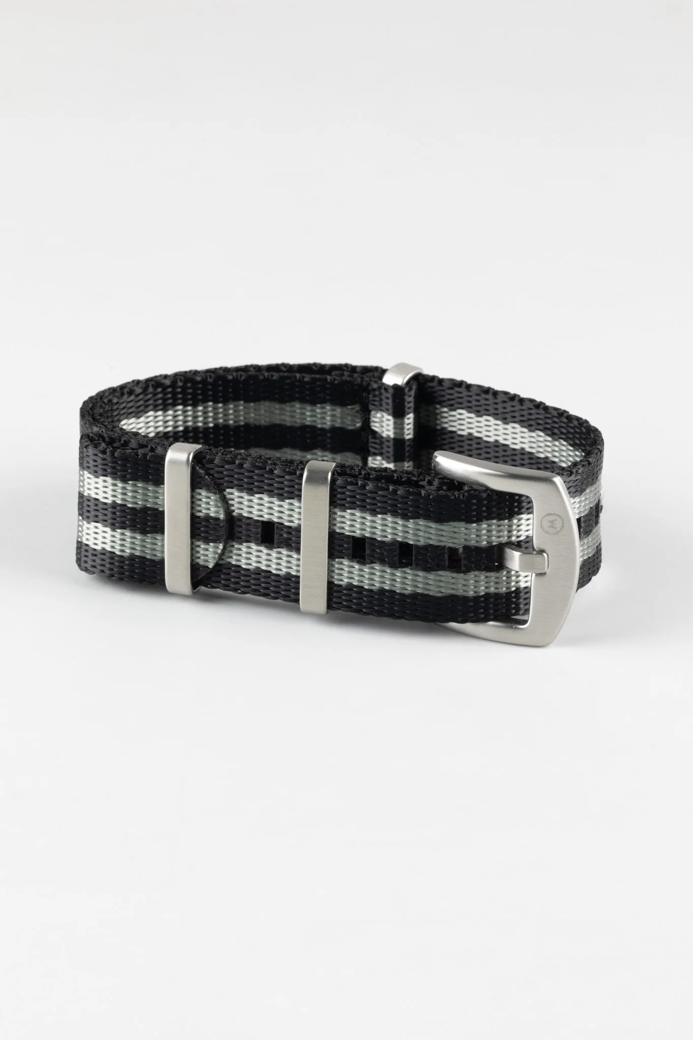 Seatbelt Nylon Watch Strap in BLACK & GREY Stripes with BRUSHED STEEL Hardware - Image 5