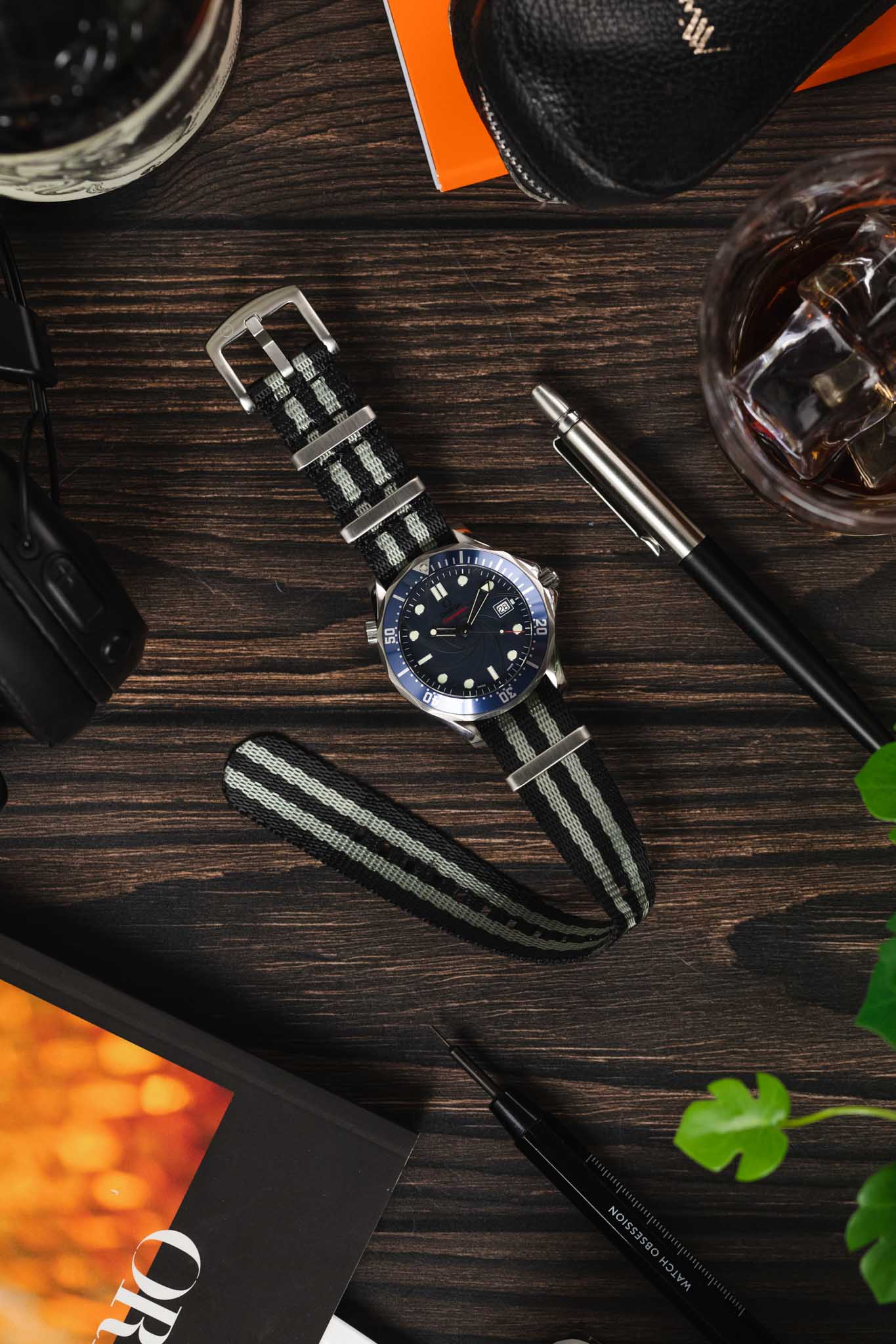 Seatbelt Nylon Watch Strap in BLACK & GREY Stripes with BRUSHED STEEL Hardware - Image 6