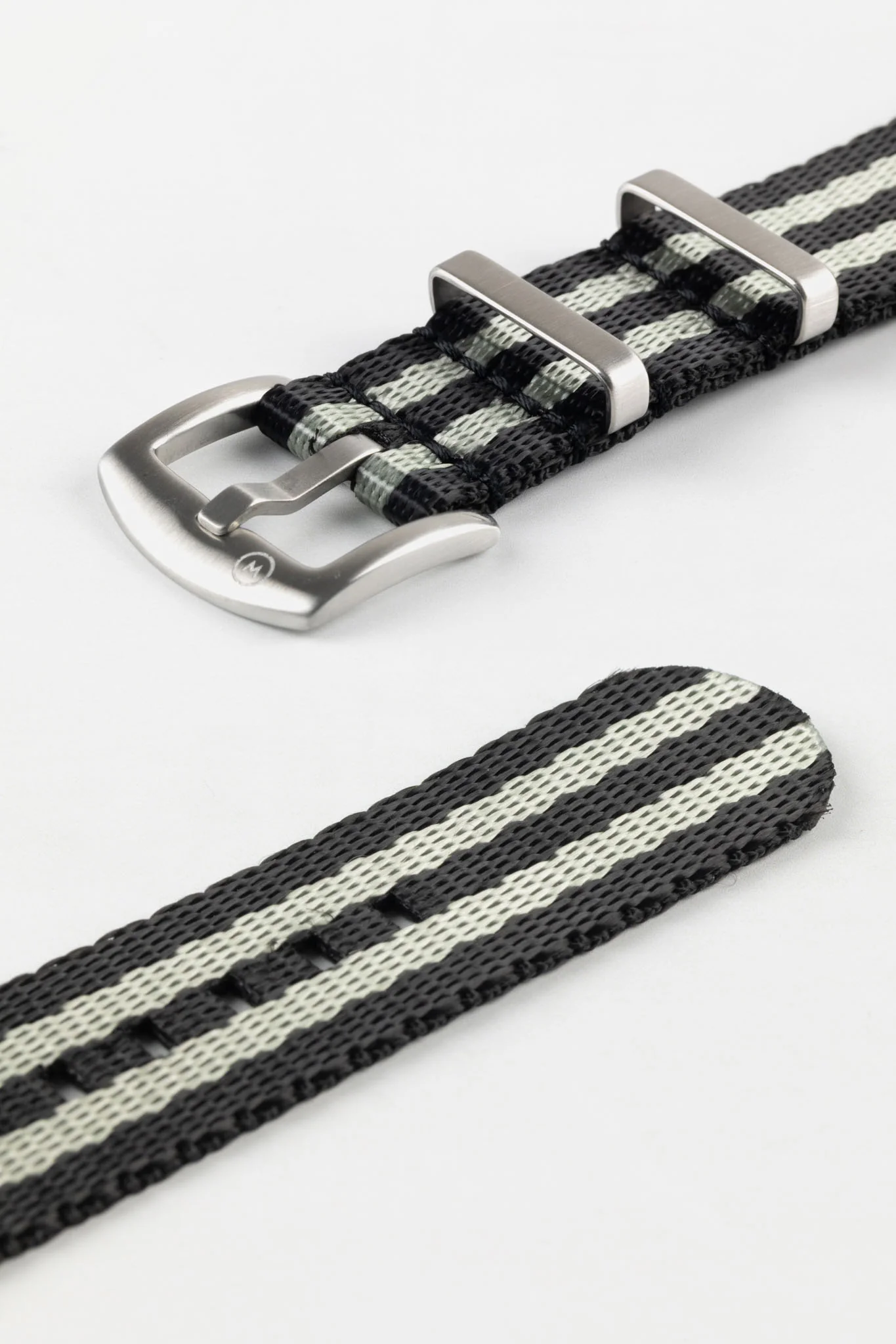 Seatbelt Nylon Watch Strap in BLACK & GREY Stripes with BRUSHED STEEL Hardware - Image 7