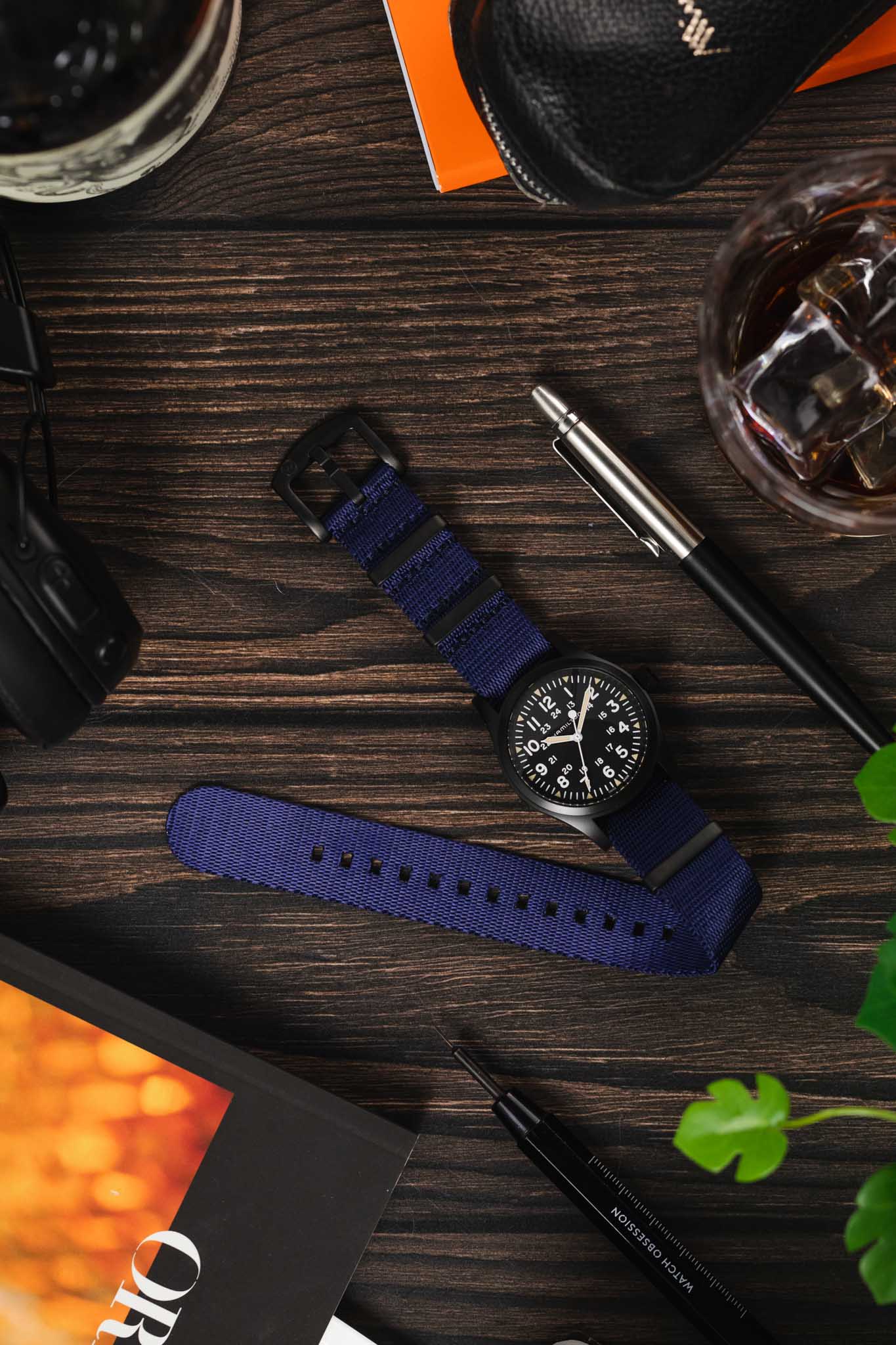 Seatbelt Nylon Watch Strap in DARK BLUE with BLACK PVD Hardware - Image 6