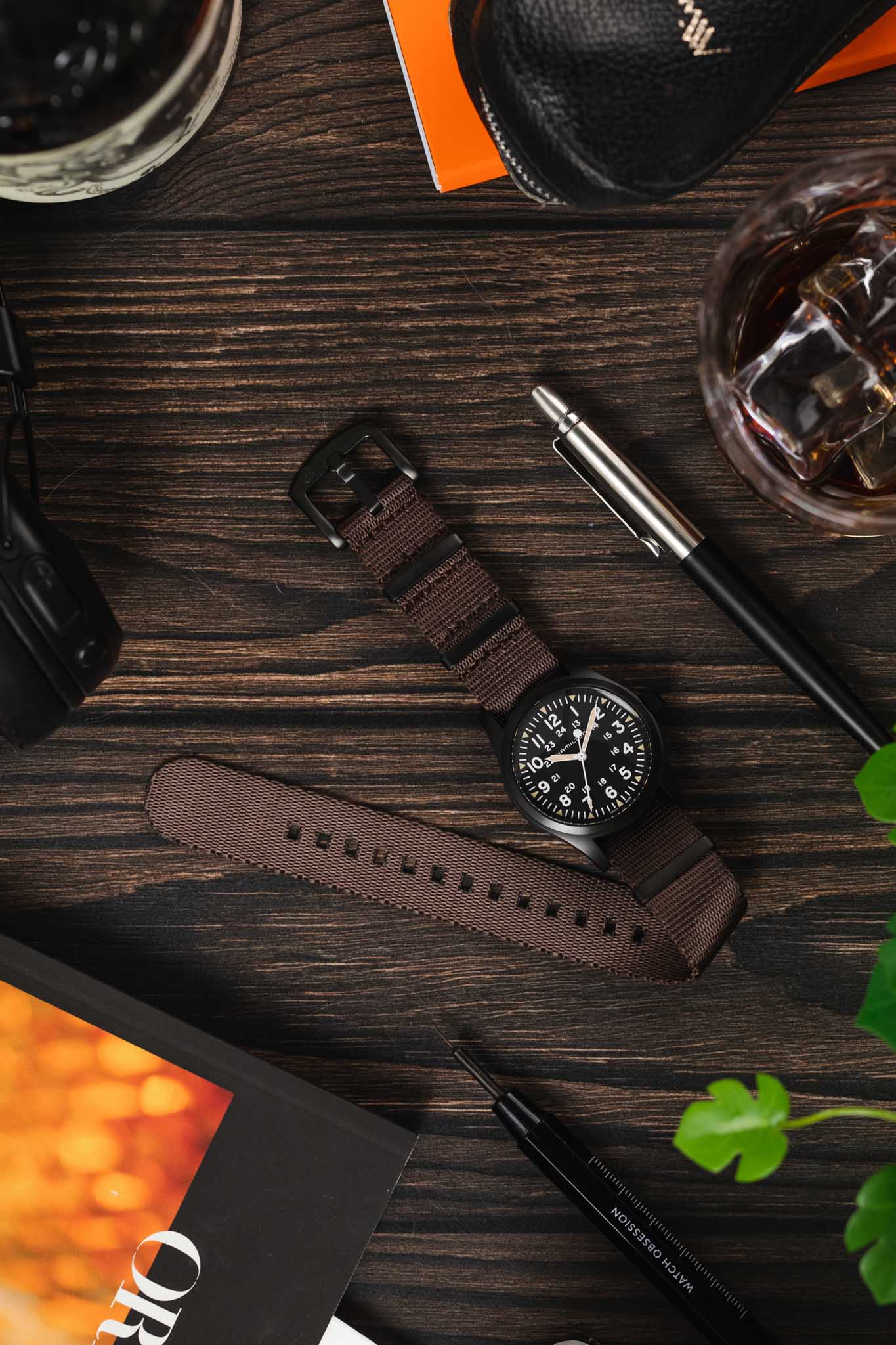 Seatbelt Nylon Watch Strap in DARK BROWN with BLACK PVD Hardware - Image 6