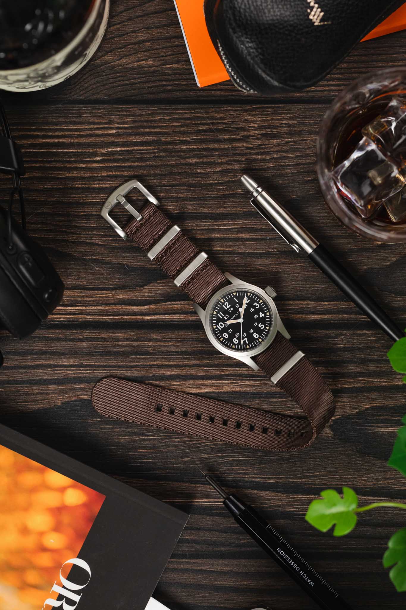 Seatbelt Nylon Watch Strap in DARK BROWN with BRUSHED STEEL Hardware - Image 6