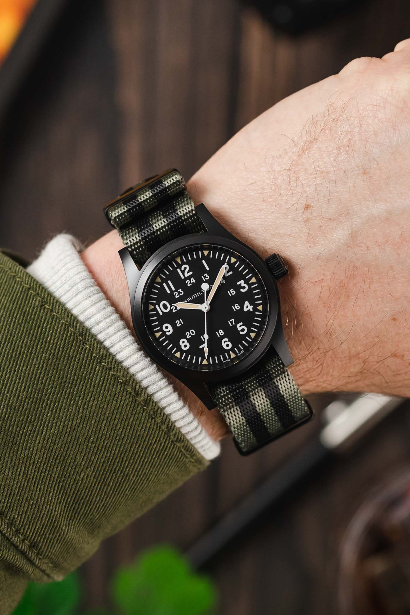 Seatbelt Nylon Watch Strap in GREY & BLACK Stripes with BLACK PVD Hardware - Image 2