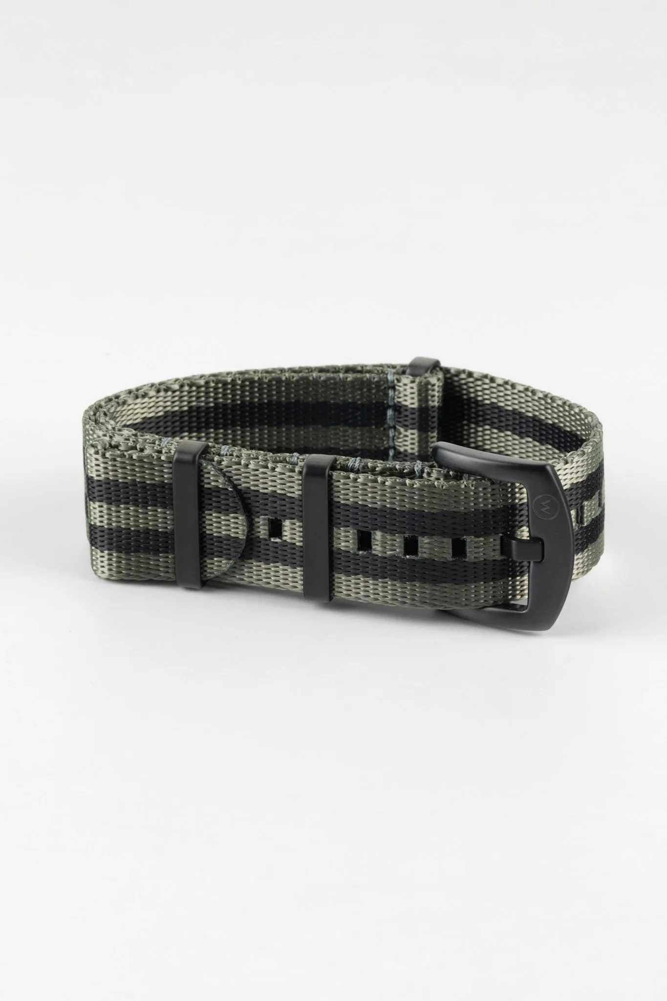 Seatbelt Nylon Watch Strap in GREY & BLACK Stripes with BLACK PVD Hardware - Image 5