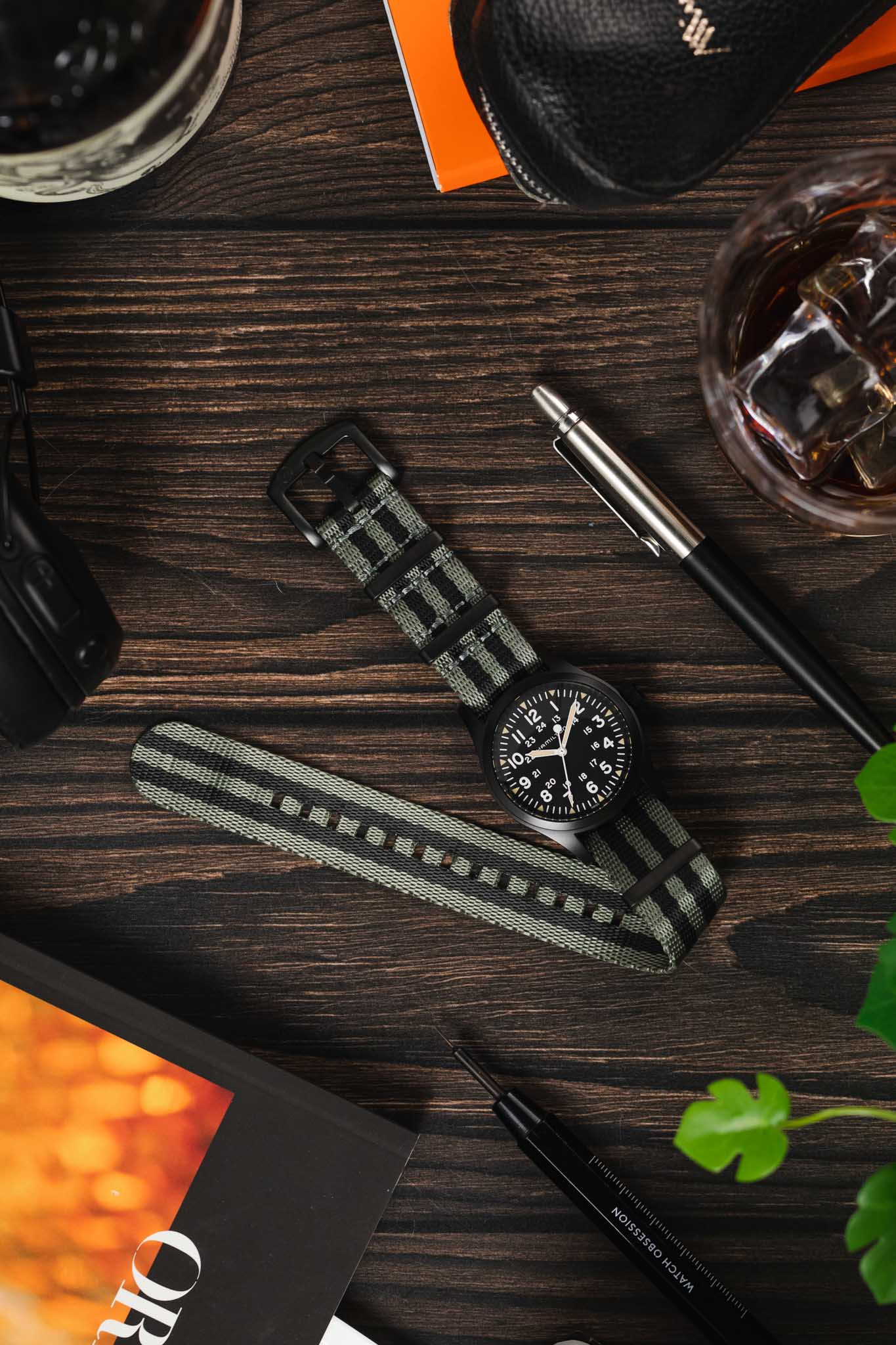 Seatbelt Nylon Watch Strap in GREY & BLACK Stripes with BLACK PVD Hardware - Image 6