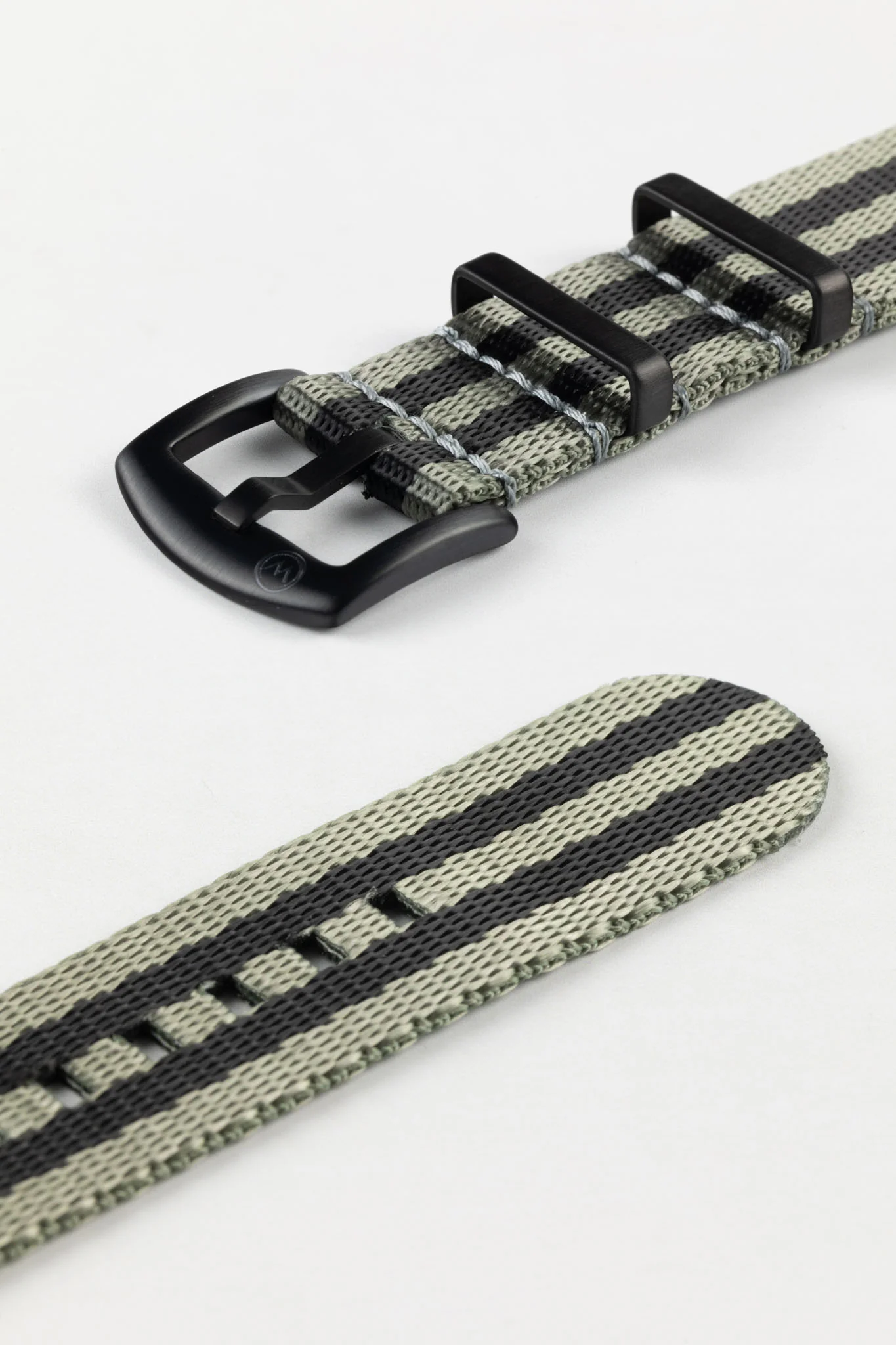 Seatbelt Nylon Watch Strap in GREY & BLACK Stripes with BLACK PVD Hardware - Image 7