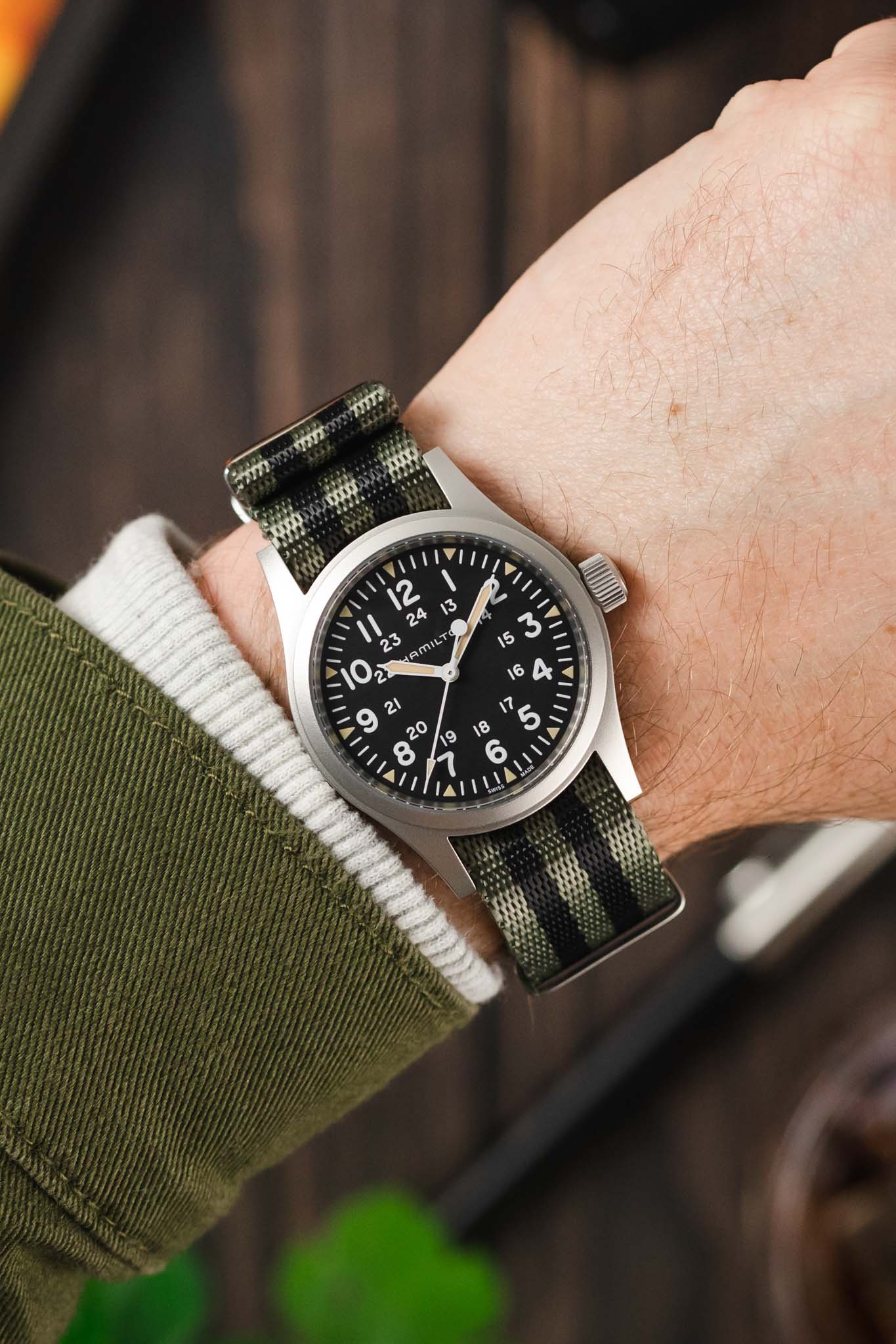 Seatbelt Nylon Watch Strap in GREY & BLACK Stripes with BRUSHED STEEL Hardware - Image 2