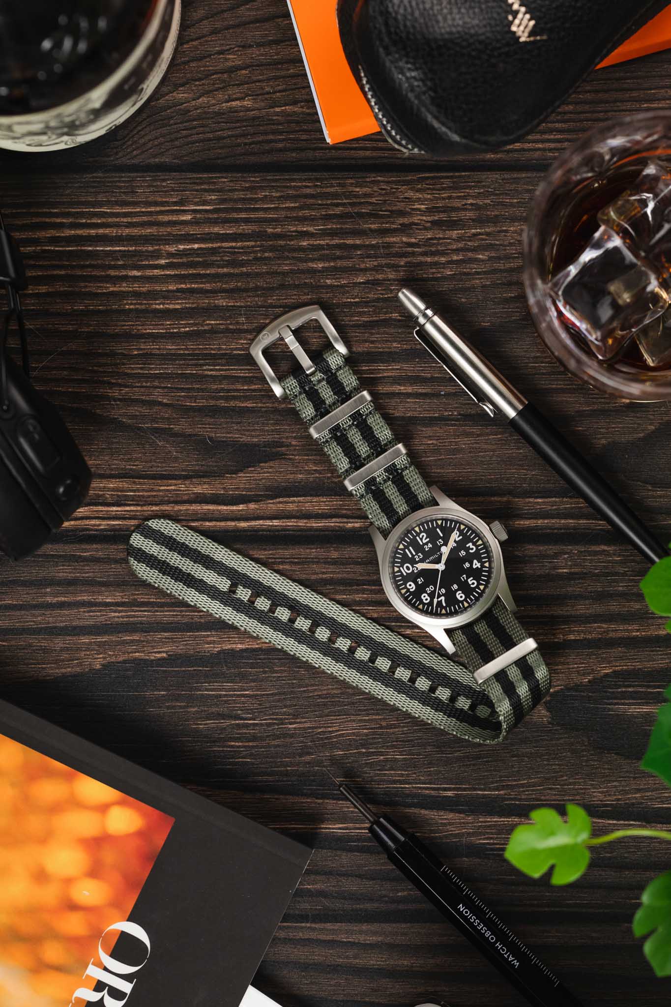 Seatbelt Nylon Watch Strap in GREY & BLACK Stripes with BRUSHED STEEL Hardware - Image 6