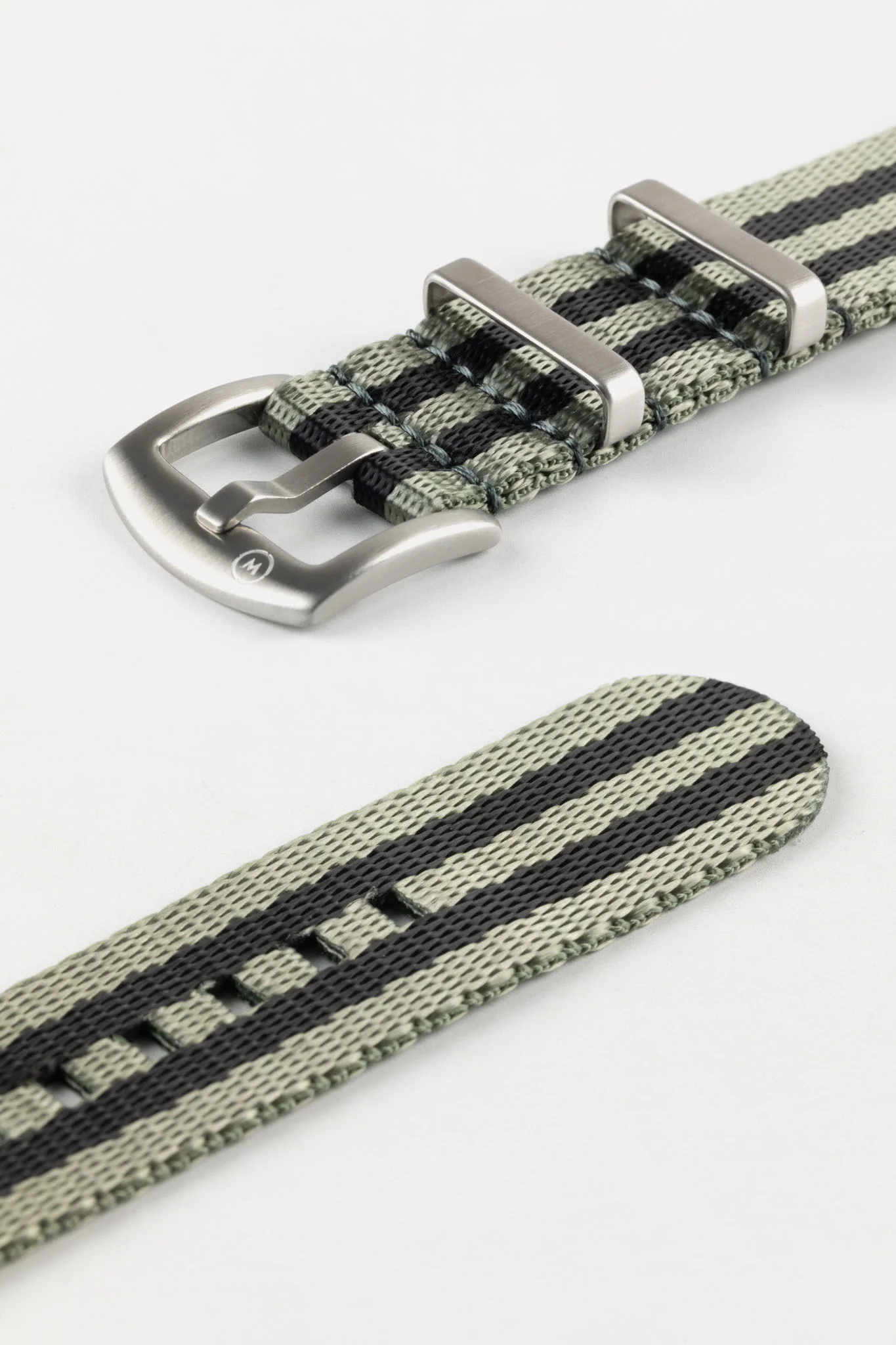 Seatbelt Nylon Watch Strap in GREY & BLACK Stripes with BRUSHED STEEL Hardware - Image 7