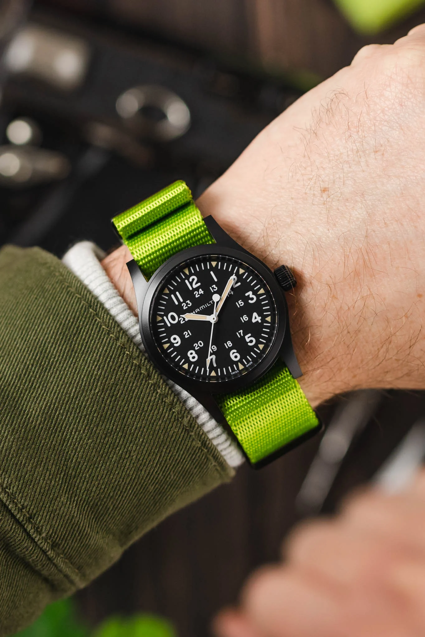 Seatbelt Nylon Watch Strap in LIME GREEN with BLACK PVD Hardware - Image 2
