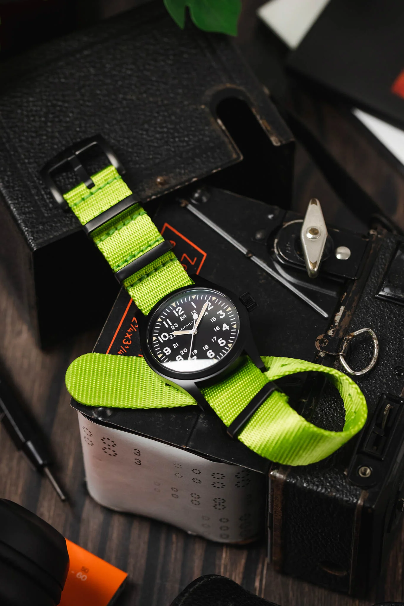 Seatbelt Nylon Watch Strap in LIME GREEN with BLACK PVD Hardware - Image 4