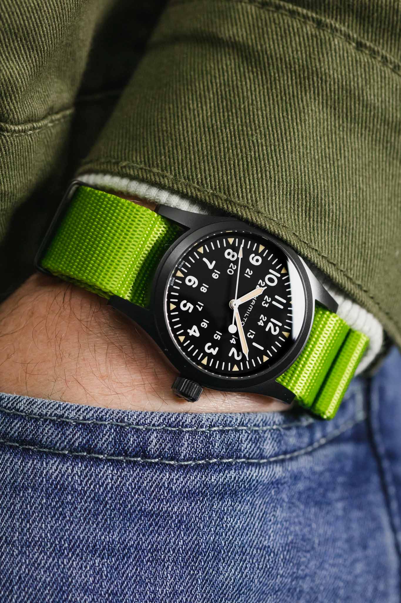 Seatbelt Nylon Watch Strap in LIME GREEN with BLACK PVD Hardware - Image 6