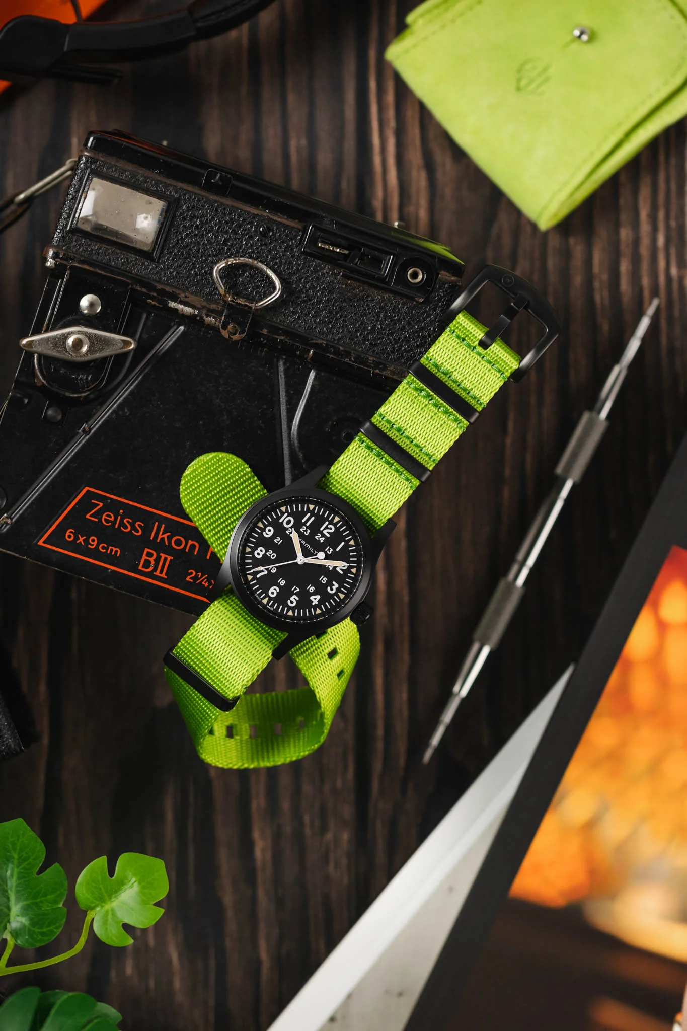 Seatbelt Nylon Watch Strap in LIME GREEN with BLACK PVD Hardware - Image 8