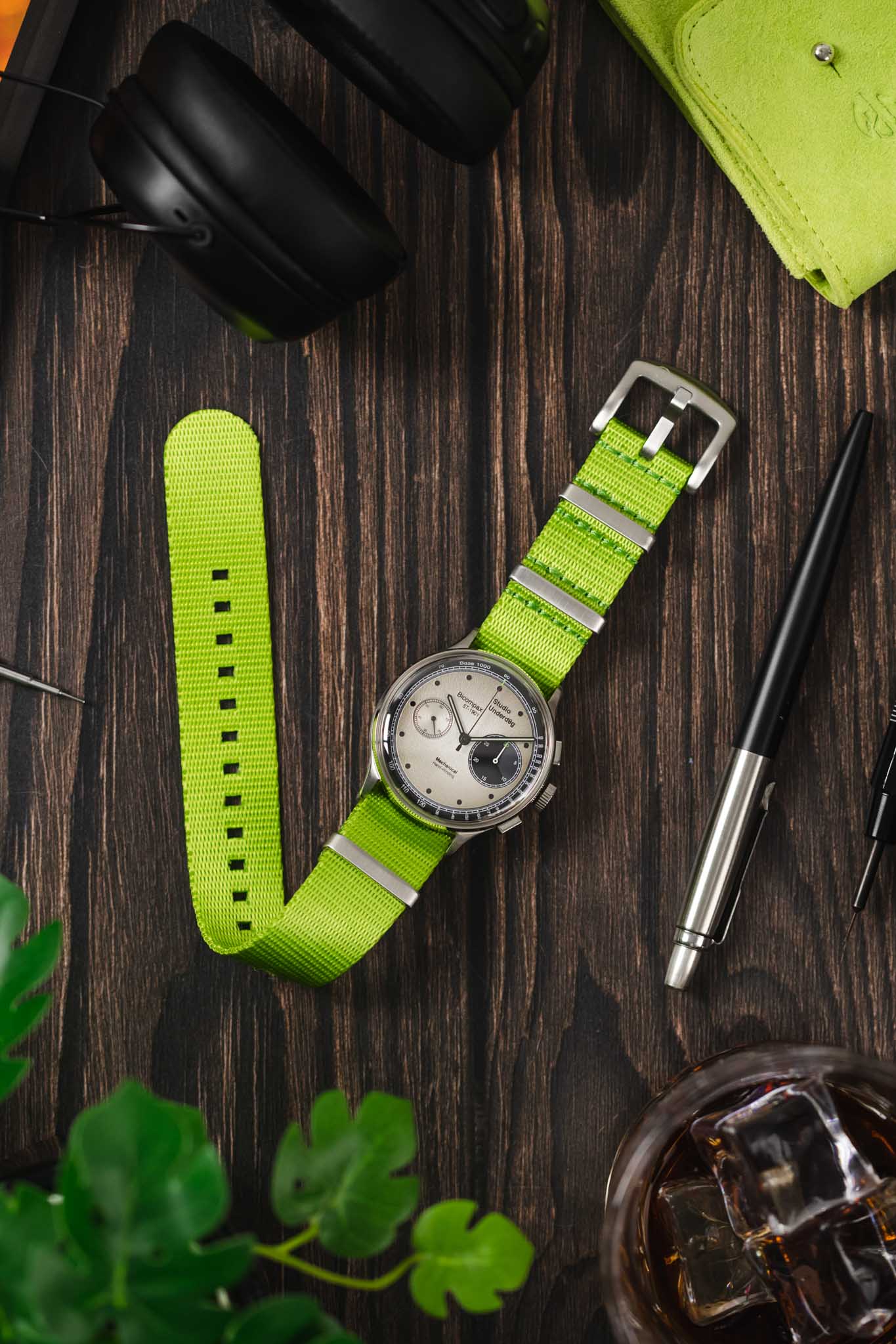 Seatbelt Nylon Watch Strap in LIME GREEN with BRUSHED STEEL Hardware - Image 8