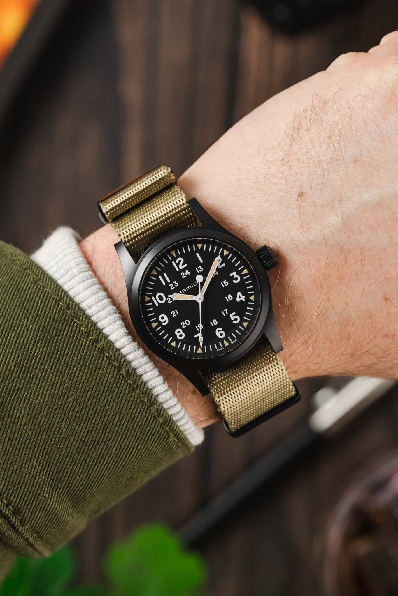 Seatbelt Nylon Watch Strap in OATMEAL with BLACK PVD Hardware - Image 2