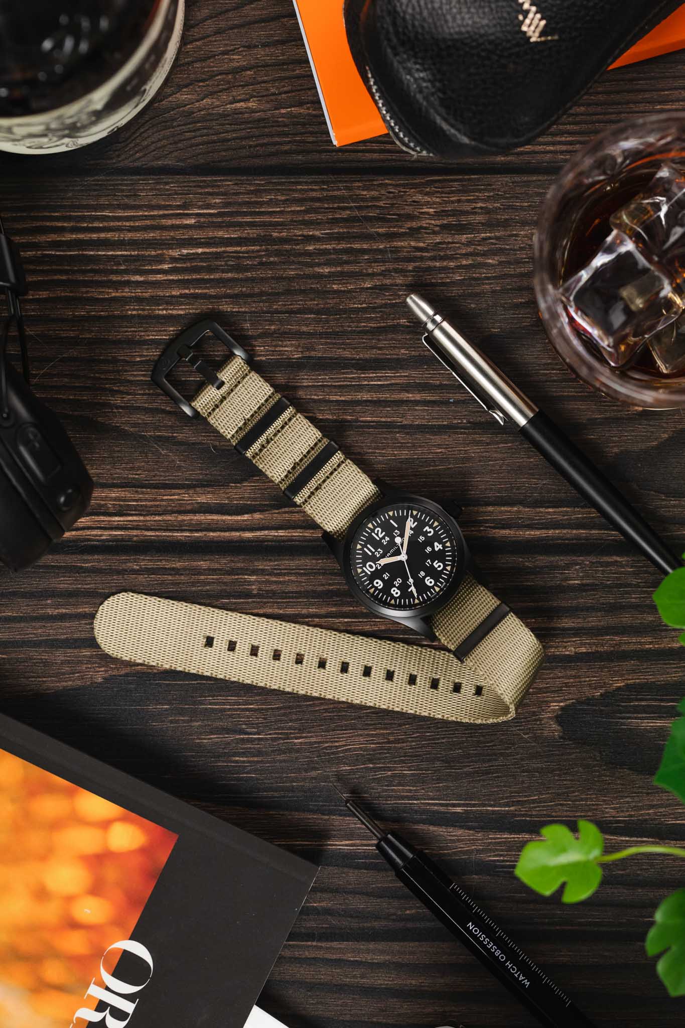 Seatbelt Nylon Watch Strap in OATMEAL with BLACK PVD Hardware - Image 6