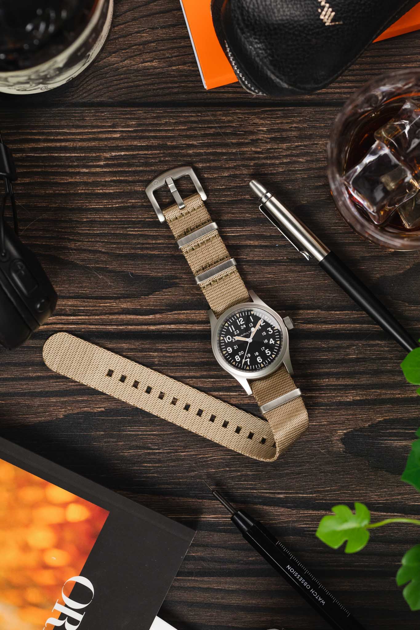 Seatbelt Nylon Watch Strap in OATMEAL with BRUSHED STEEL Hardware - Image 6